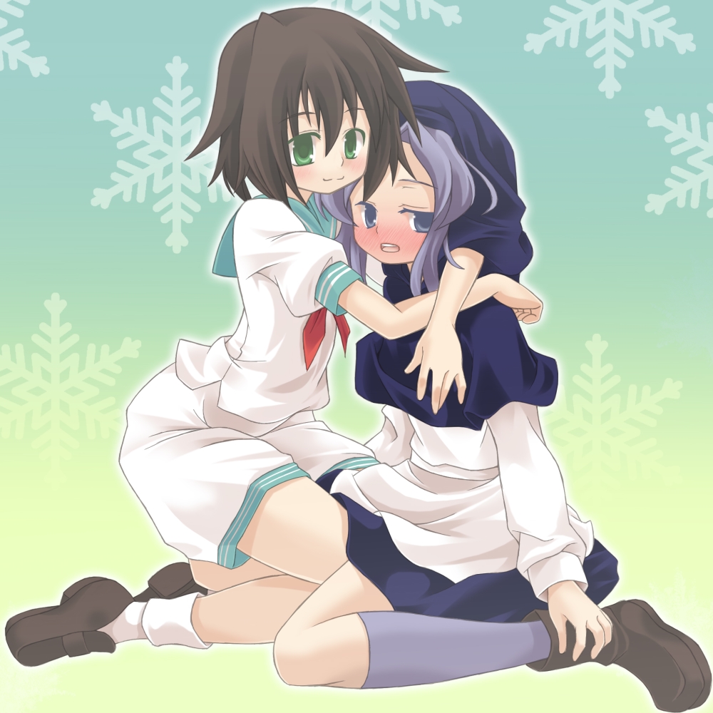 gumoyu, kumoi ichirin, murasa minamitsu, touhou, bad id, bad pixiv id, 2girls, blush, female focus, full body, hood, hug, multiple girls, sailor, short hair, sitting