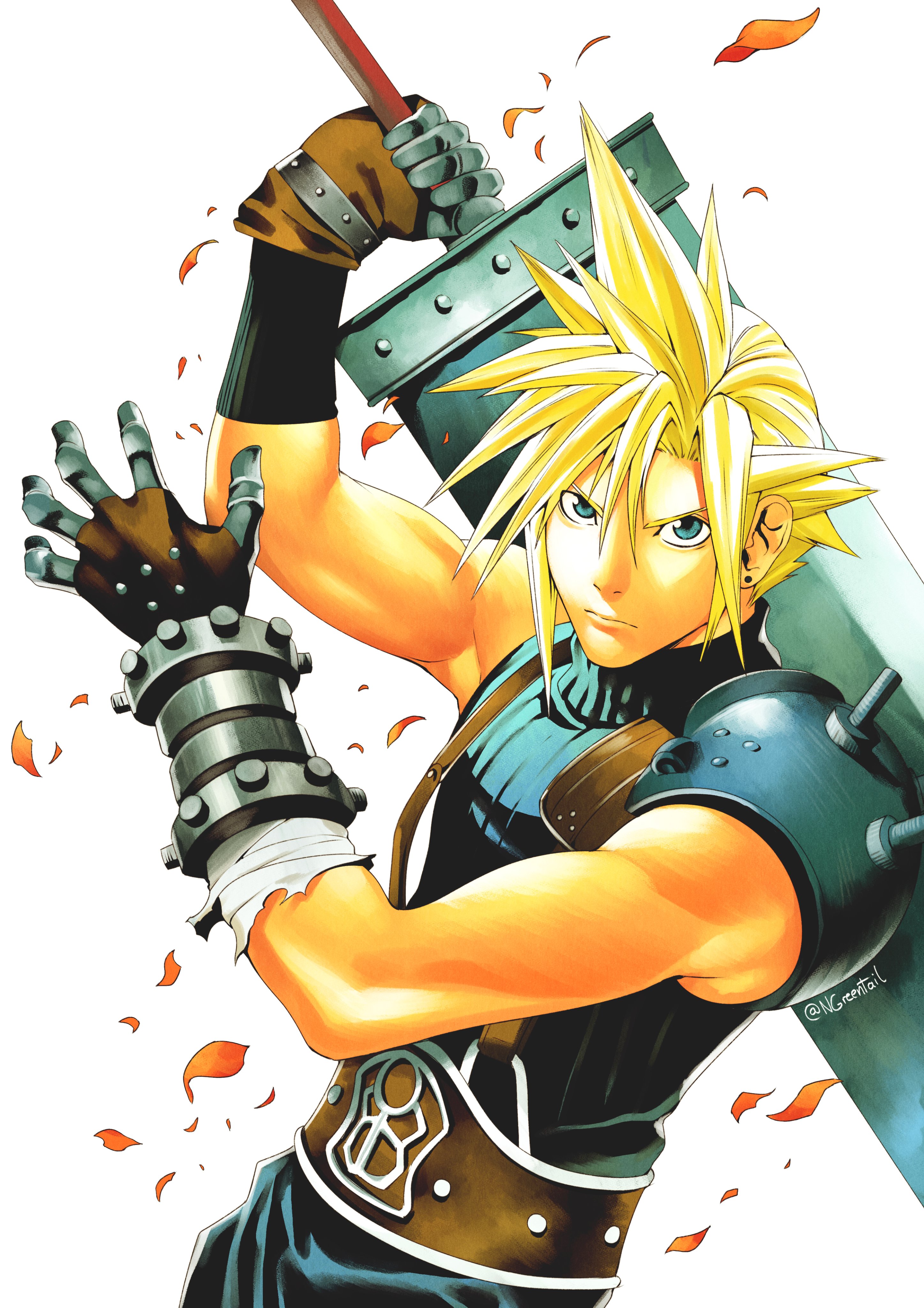 nifast (greentail), cloud strife, final fantasy, final fantasy vii, absurdres, commentary, english commentary, highres, 1boy, armor, blonde hair, blue eyes, brown gloves, buster sword, closed mouth, fighting stance, gloves, holding, holding sword, holding weapon, male focus, obata takeshi (style), short hair, shoulder armor, sleeveless, sleeveless turtleneck, solo, spiked hair, suspenders, sweater, sword, turtleneck, turtleneck sweater, twitter username, upper body, weapon, white background