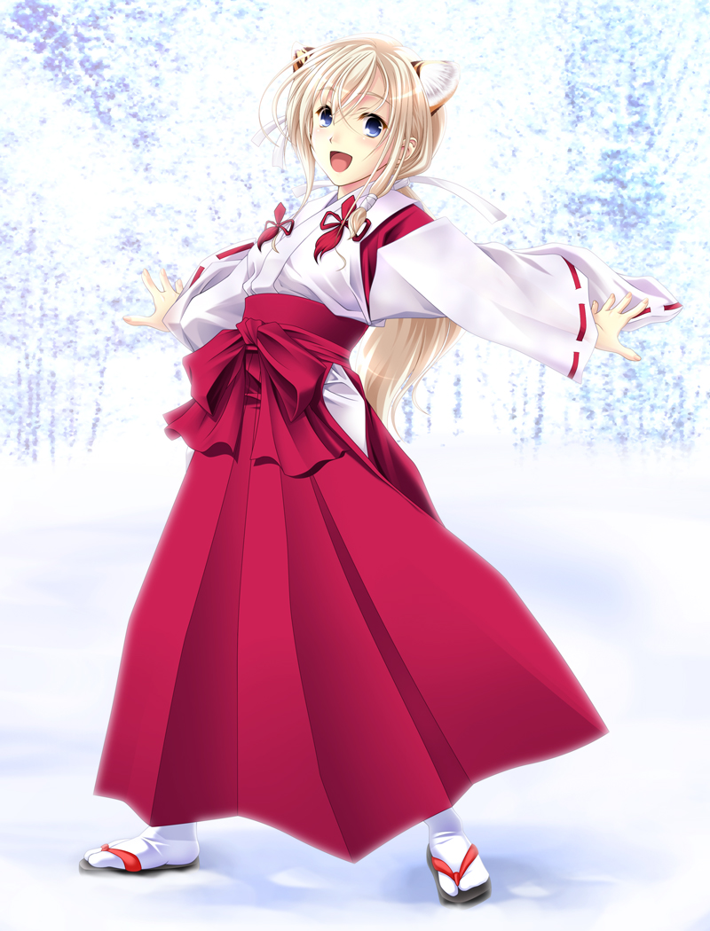 aizawa kotarou, original, bad id, bad pixiv id, animal ears, blonde hair, blue eyes, clothing cutout, hip vent, japanese clothes, long hair, miko, sandals, tiger ears