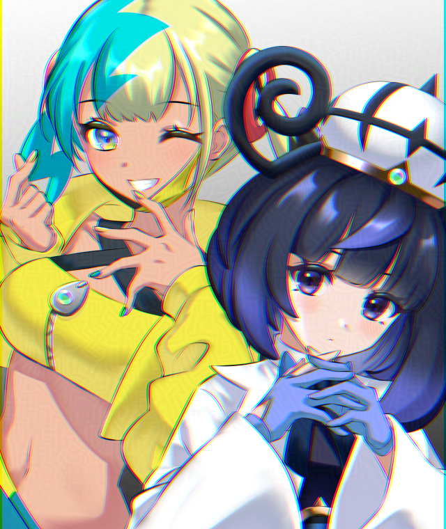 kakiko210, canari (pokemon), gwynn (pokemon), nintendo, pokemon, pokemon legends: z-a, adversarial noise, commentary request, 2girls, ;d, bandeau, black dress, black hair, blonde hair, blue gloves, blue hair, blue nails, chromatic aberration, closed mouth, coat, cropped jacket, dark-skinned female, dark skin, dress, eyelashes, finger heart, gloves, hat, jacket, long sleeves, looking at viewer, mask pull, multicolored hair, multicolored nails, multiple girls, navel, one eye closed, open clothes, open coat, open jacket, open mouth, partially fingerless gloves, purple eyes, purple hair, short hair, smile, split-color hair, two-tone nails, upper body, white coat, wide sleeves, yellow bandeau, yellow jacket, yellow nails