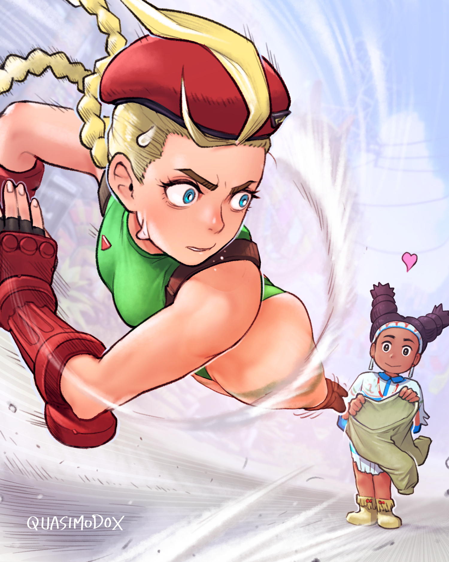 quasimodox, lily hawk, street fighter, street fighter 6, commentary, english commentary, highres, 2girls, attack, beret, black hair, blonde hair, blue eyes, braid, dark-skinned female, dark skin, green leotard, hat, kicking, leotard, low twin braids, midair, multiple girls, pants, red hat, smile, sweatdrop, twin braids, twintails