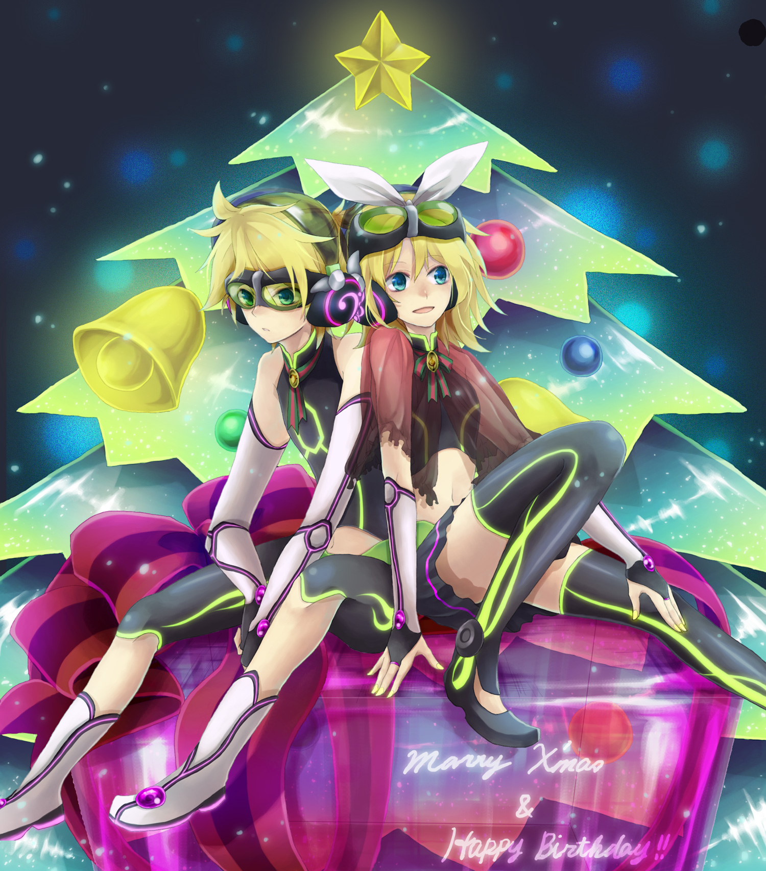 bin (pixiv), hana (mew), kagamine len, kagamine rin, vocaloid, bad id, bad pixiv id, highres, 1boy, 1girl, blonde hair, blue eyes, boots, bow, brother and sister, christmas, christmas tree, gift, goggles, hair bow, midriff, navel, neon lights, short hair, siblings, sitting, skirt, thighhighs, twins