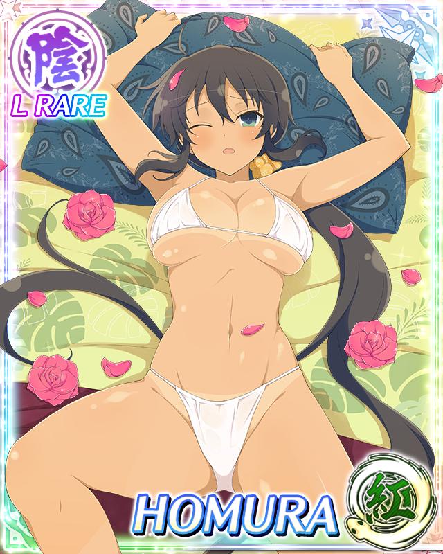 homura (senran kagura), senran kagura, senran kagura new wave, game cg, official art, third-party source, 1girl, :o, ahoge, aqua eyes, armpit crease, arms up, bikini, black hair, border, breasts, card (medium), character name, dark-skinned female, dark skin, flower, groin, hair tie, head on pillow, high ponytail, large breasts, long hair, lying, navel, on back, one eye closed, pillow, ponytail, red flower, red rose, ribbon, rose, solo, swimsuit, tan, very long hair, white bikini, white ribbon