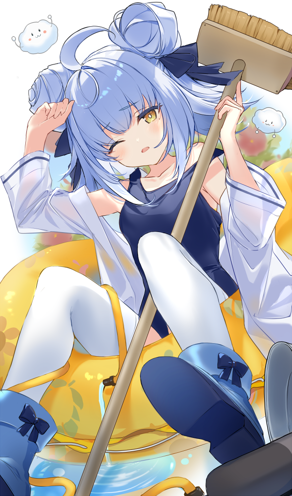 fukuda935, nicholas (azur lane), nicholas (summer cleaning "volunteer") (azur lane), azur lane, commentary request, 1girl, ahoge, blue hair, blue one-piece swimsuit, blue ribbon, blue shoes, breasts, broom, double bun, hair bun, hair ribbon, innertube, looking at viewer, medium hair, official alternate costume, one-piece swimsuit, one eye closed, petite, ribbon, shoes, simple background, small breasts, swim ring, swimsuit, thighhighs, white background, white thighhighs, yellow eyes