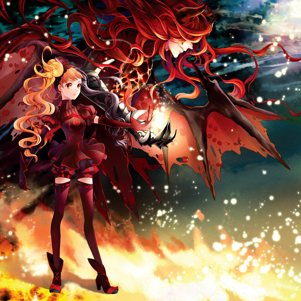 cocoon (loveririn), layla (sound horizon), shaytan, shaytan (sound horizon), seisen no iberia, sound horizon, bad id, bad pixiv id, 1boy, 1girl, blonde hair, demon boy, gloves, hairband, multicolored hair, red hair, thighhighs, twintails, wings, yellow eyes