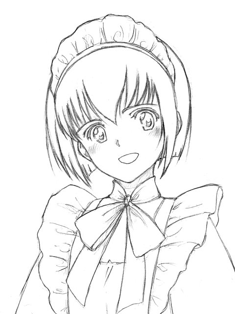 tanisi (hosimade), shirley medison, shirley (manga), 1girl, apron, blush, bob cut, female focus, greyscale, maid, maid apron, maid headdress, monochrome, open mouth, short hair, sketch, smile, solo