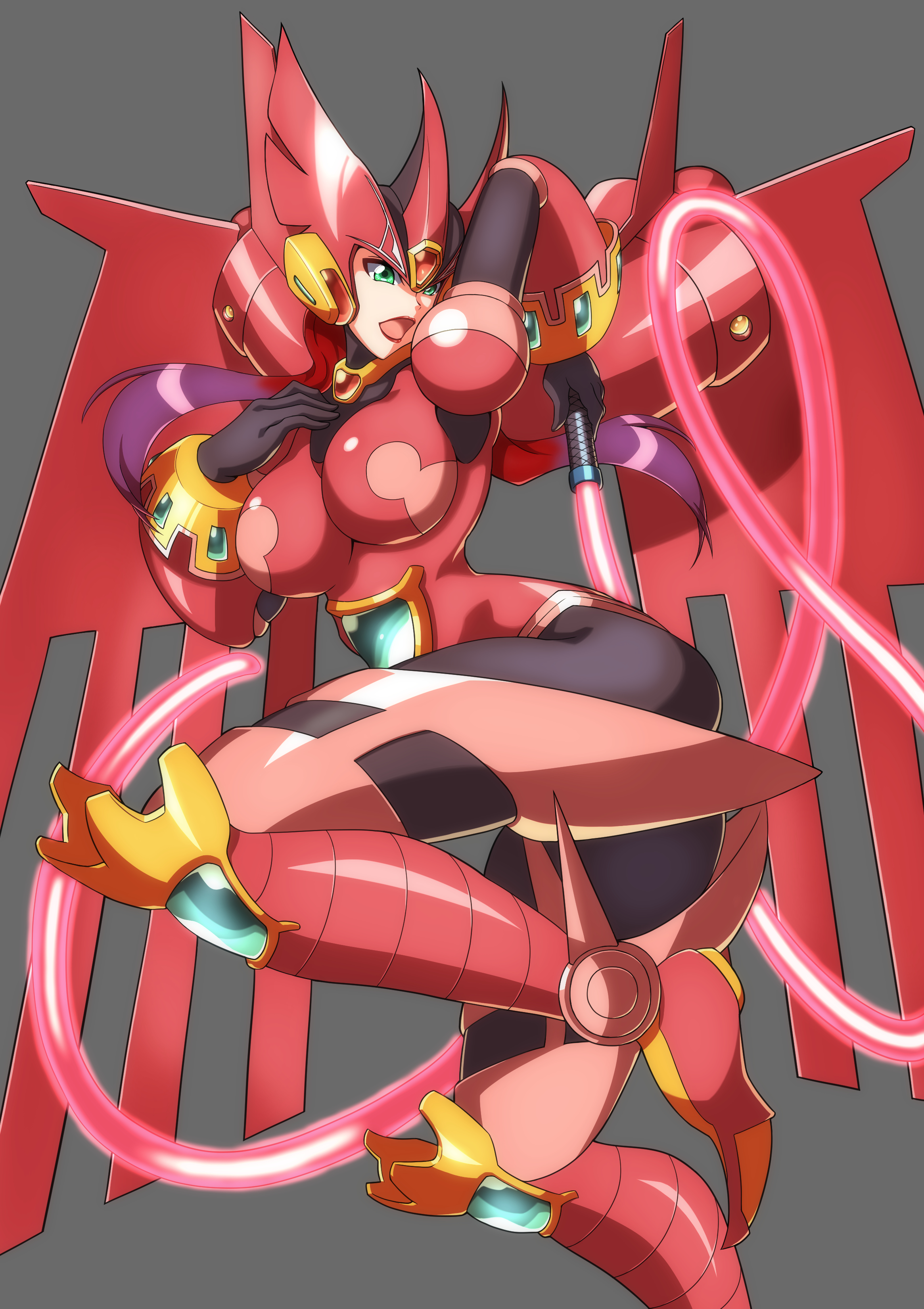 kotatuman dash, ferham (mega man), capcom, mega man (series), mega man x: command mission, mega man x (series), mega man x dive, commentary, highres, 1girl, 2025, :d, android, arm behind head, armor, armored boots, ass, black bodysuit, black gloves, bodysuit, boots, breasts, female focus, floating, floating hair, foot out of frame, forehead jewel, gloves, gradient hair, green eyes, hand on own chest, helmet, holding, holding whip, large breasts, long hair, mechanical wings, multicolored hair, open mouth, pink armor, pink boots, pink hair, pink helmet, pink lips, purple hair, smile, solo, thick thighs, thighs, winged helmet, wings