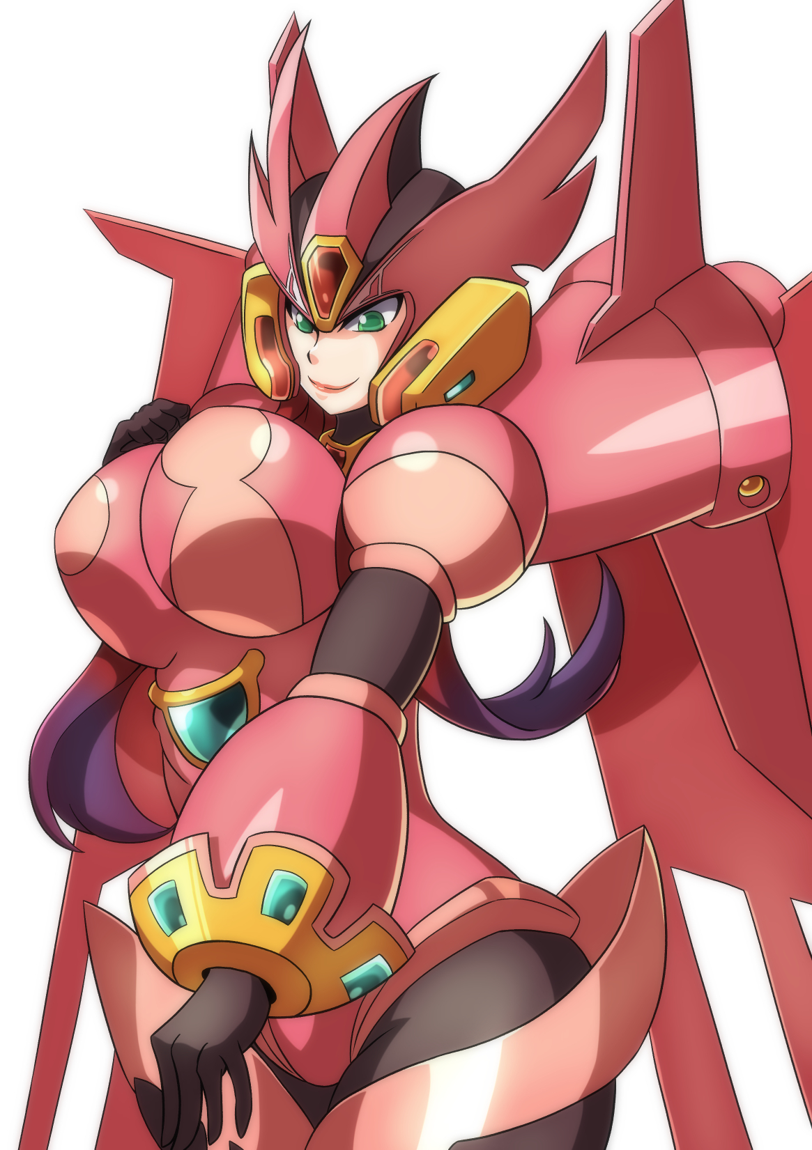 kotatuman dash, ferham (mega man), capcom, mega man (series), mega man x: command mission, mega man x (series), mega man x dive, commentary, highres, 1girl, 2025, android, armor, black bodysuit, black gloves, bodysuit, breasts, cowboy shot, female focus, forehead jewel, gloves, gradient hair, green eyes, helmet, large breasts, long hair, mechanical wings, multicolored hair, pink armor, pink hair, pink helmet, pink lips, purple hair, smile, solo, thick thighs, thighs, winged helmet, wings