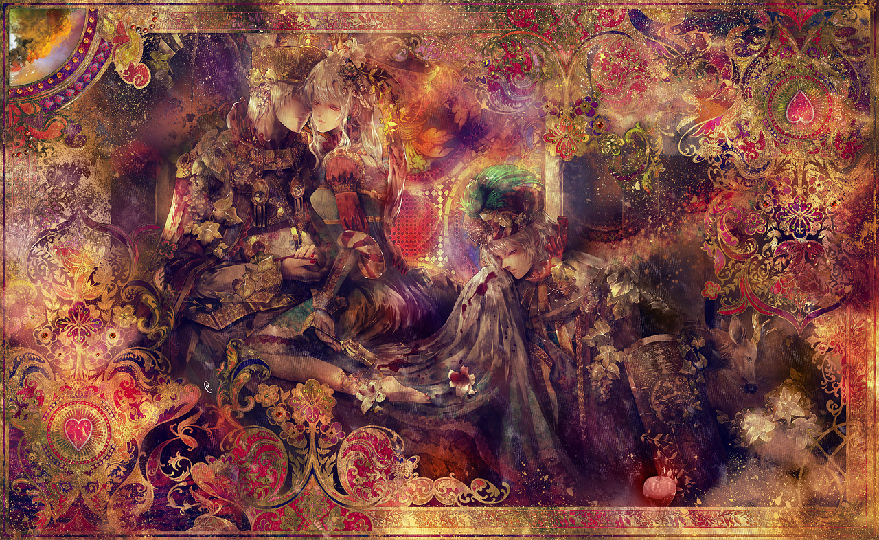 yuu (arcadia), original, silver hair, md5 mismatch, 1girl, 2boys, armor, barefoot, blood, cape, crown, deer, dress, flower, hair ornament, hat, jewelry, lots of jewelry, multiple boys, nail polish, red eyes, shield