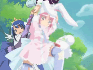 nurse witch komugi-chan, animated, animated gif, lowres, 00s, 2girls, blue hair, day, multiple girls, nature, needle, outdoors, pink hair, syringe, thighhighs, thighs