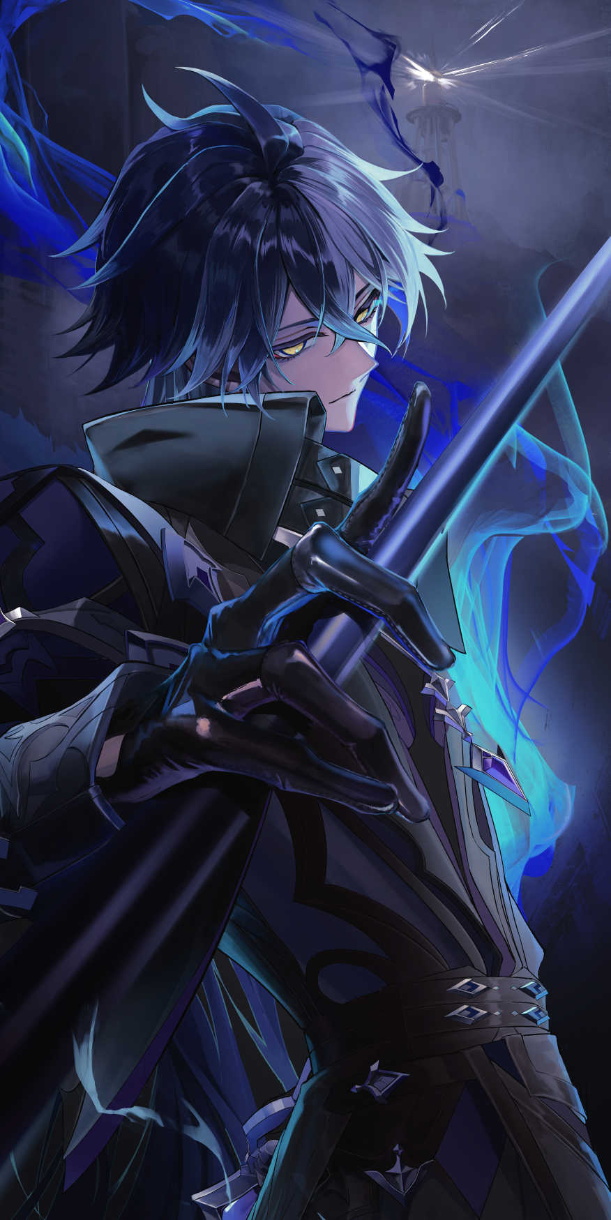 flins (genshin impact), genshin impact, commentary request, highres, 1boy, black gloves, blue hair, closed mouth, crossed bangs, gloves, holding, holding polearm, holding weapon, lighthouse, long sleeves, looking at viewer, male focus, polearm, rrrrr 0622, solo, weapon, yellow eyes