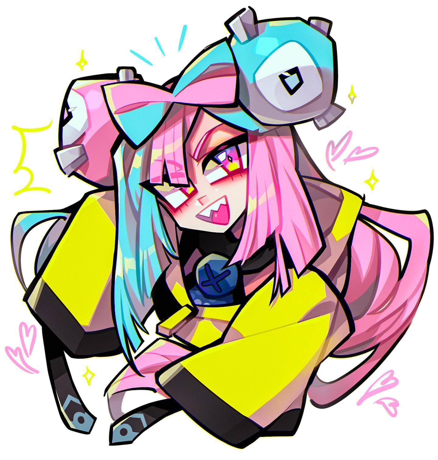 zukich, iono (pokemon), magneton, nintendo, pokemon, pokemon sv, highres, 1girl, blue hair, gen 1 pokemon, heart, multicolored hair, oversized jacket, pink hair, sharp teeth, smile, teeth, twintails, two-tone hair, white background