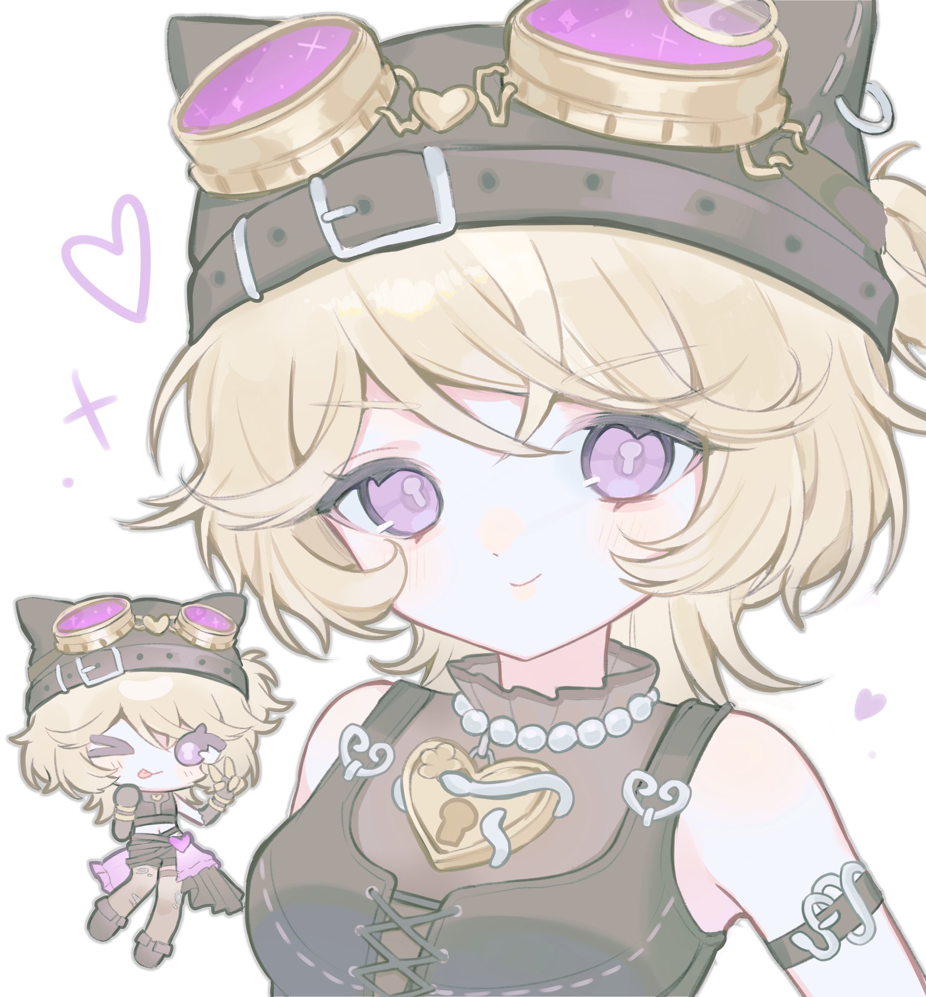 tracy reznik, tracy reznik (lock core), identity v, highres, 1girl, animal hat, arm strap, bare shoulders, black bodice, blonde hair, buckle, cat hat, center cross lace, chibi, chibi inset, cross-laced clothes, cross-laced top, eyewear on headwear, frilled shirt collar, frills, goggles, hat, heart, heart necklace, jewelry, looking at viewer, naty (x naty), necklace, pierced hat, purple-tinted eyewear, purple eyes, see-through clothes, see-through shirt, shirt, short hair, simple background, sleeveless, sleeveless shirt, smile, solo, sparkle, tinted eyewear, white background