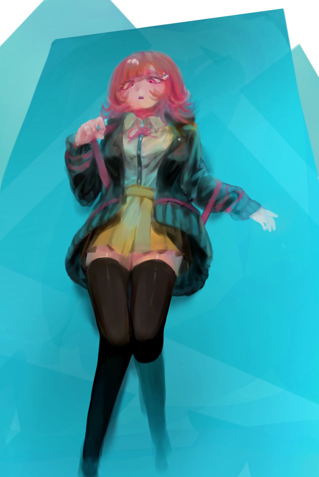 nanami chiaki, danganronpa (series), danganronpa 2: goodbye despair, commentary request, highres, 1girl, breasts, brown skirt, collared shirt, flipped hair, hair ornament, hood, jacket, long sleeves, looking at viewer, medium hair, neck ribbon, open clothes, open jacket, pink eyes, pink ribbon, pleated skirt, ribbon, rutang, shirt, skirt, solo, thighhighs, white shirt