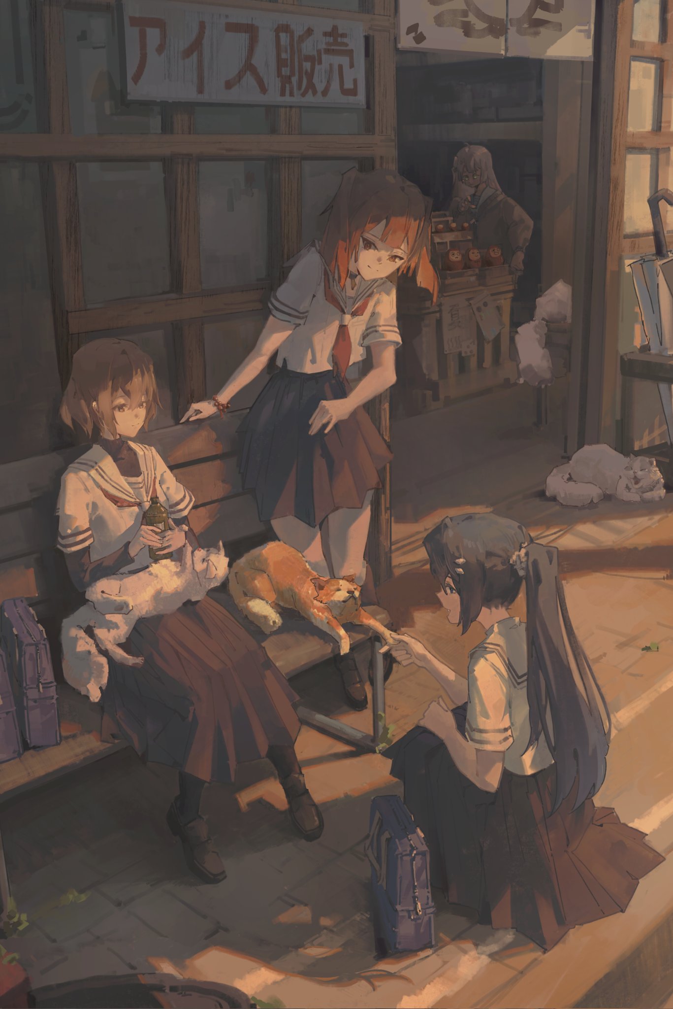 watashi wo tabetai hitodenashi, character request, commentary request, highres, translation request, 4girls, animal, animal on lap, bag, bench, black hair, black skirt, bottle, brown cat, brown hair, cat, cat on lap, frograss rb, full body, holding, holding bottle, layered sleeves, long skirt, long sleeves, multiple girls, neckerchief, on bench, on lap, outdoors, pleated skirt, ponytail, red neckerchief, sailor collar, school bag, school uniform, serafuku, shadow, shirt, shop, short hair, short over long sleeves, short sleeves, sign, sitting, skirt, slice of life, squatting, standing, twintails, white cat, white sailor collar, white shirt, wooden bench