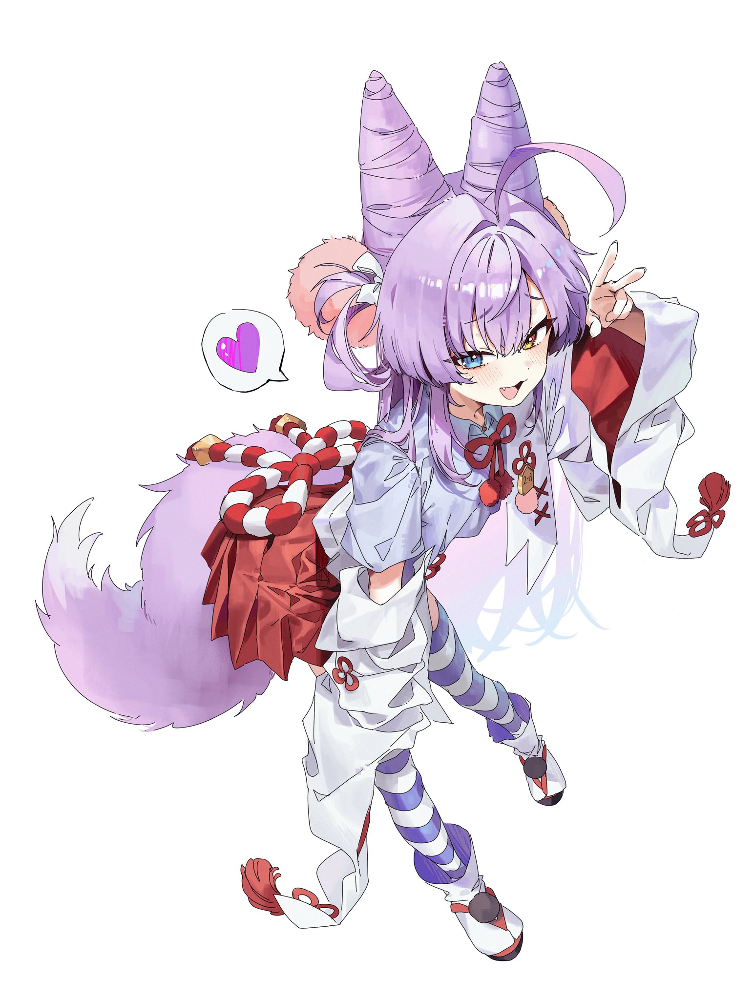 46 coffee, tenko shibuki, stellive, commentary, highres, symbol-only commentary, 1girl, ahoge, blue eyes, fox girl, hair ornament, hakama, hakama short skirt, hakama skirt, heart, heterochromia, huge ahoge, japanese clothes, long hair, okobo, platform sandals, purple hair, red hakama, rope, sandals, shimenawa, simple background, skirt, socks, solo, striped clothes, striped socks, thighhighs, v, white background, yellow eyes