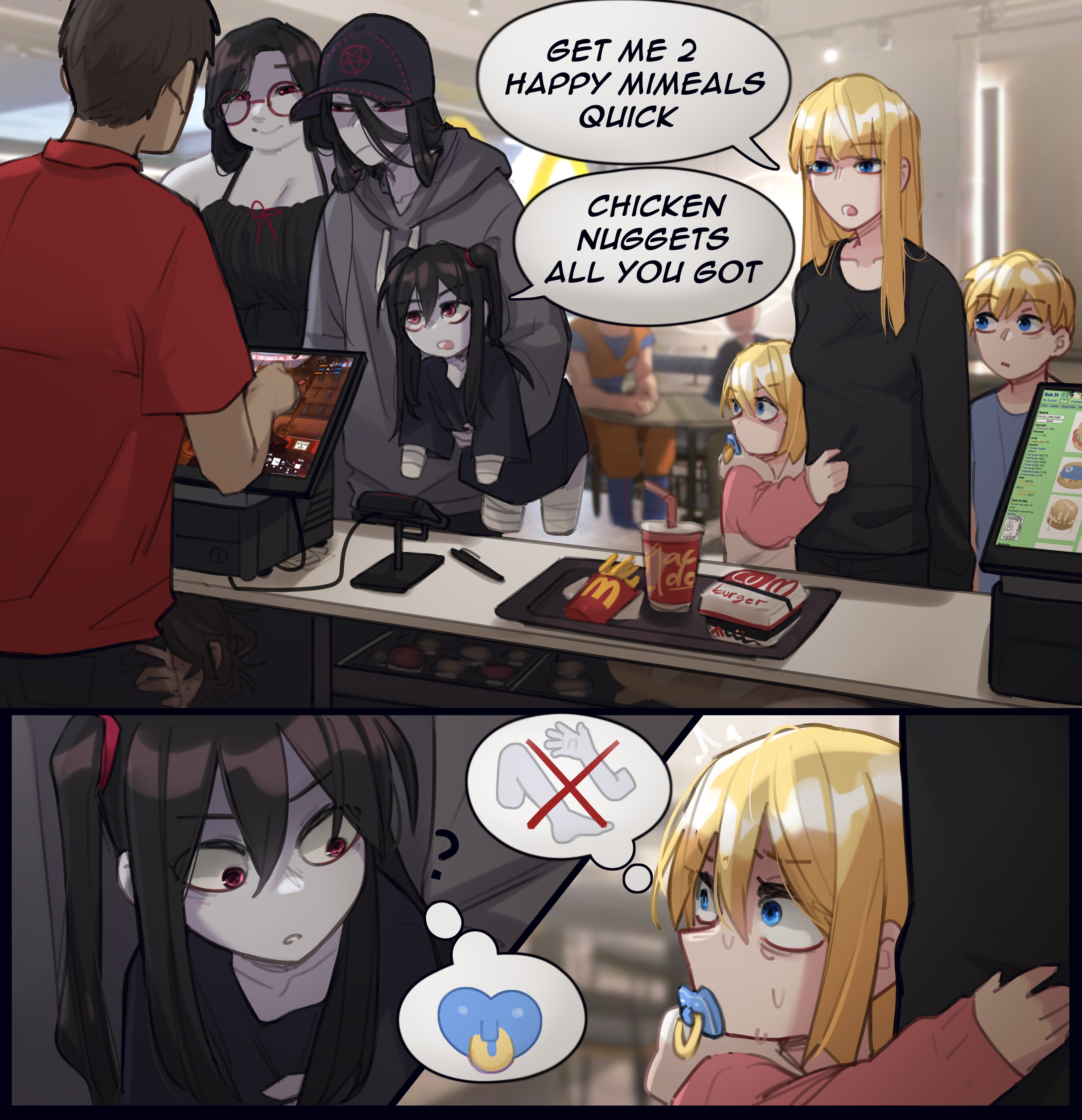 popopoka, arthur (popopoka), erika (popopoka), mimi (popopoka), son goku, mcdonald's, original, absurdres, commentary, english commentary, highres, 3boys, 5girls, amputee, black hair, blonde hair, blue eyes, breasts, english text, fat, food, hood, hood down, hoodie, large breasts, long hair, long sleeves, multiple boys, multiple girls, open mouth, pacifier, quadruple amputee, shirt, short hair, standing