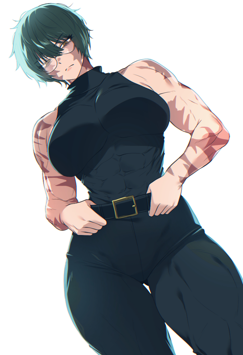 spoiledmuffin, zen'in maki, jujutsu kaisen, commentary, highres, 1girl, bare shoulders, belt, black belt, black pants, breasts, brown eyes, closed mouth, glasses, green hair, large breasts, looking at viewer, multiple scars, muscular, muscular female, pants, scar, scar on arm, scar on face, simple background, solo, white background