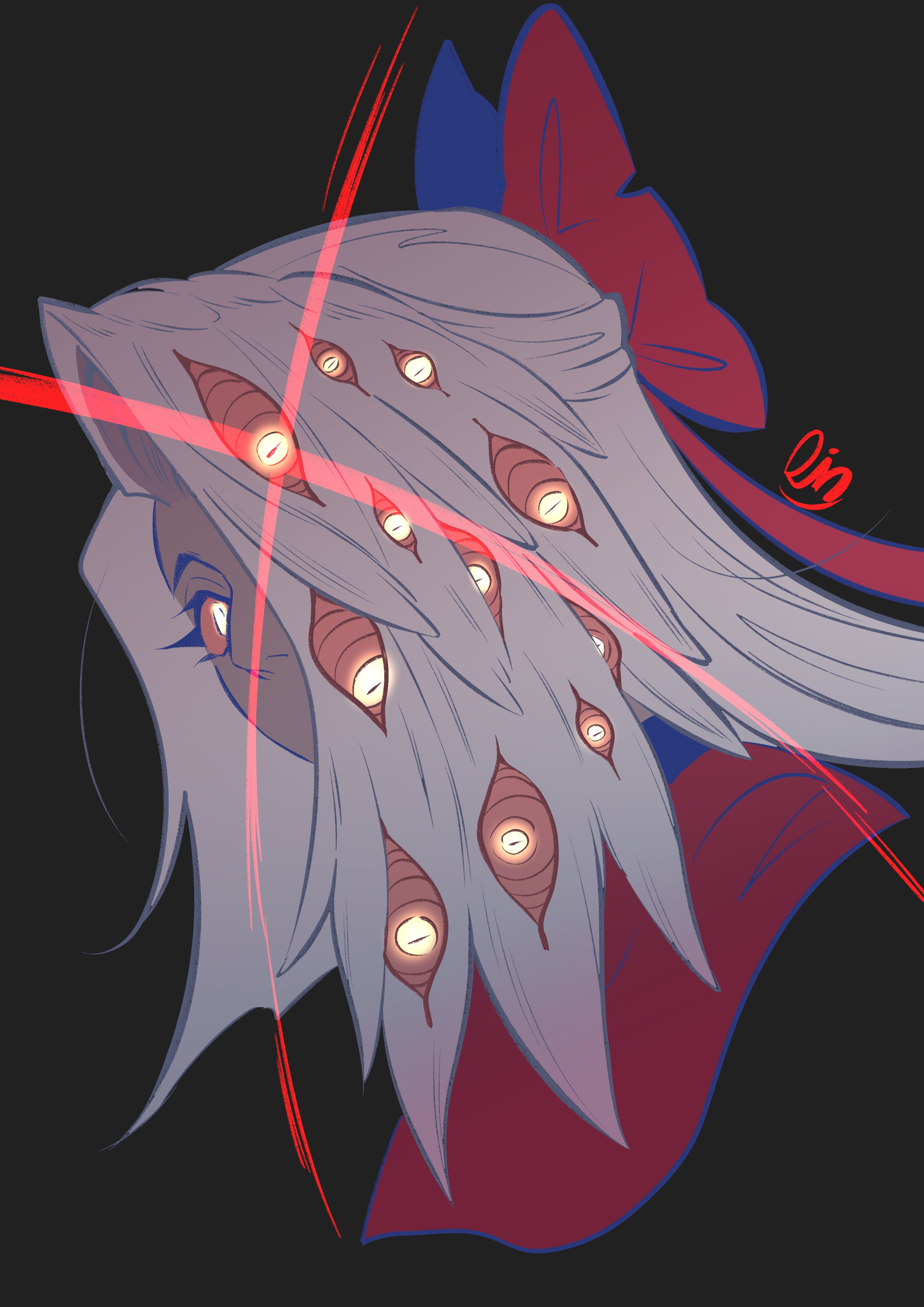 raccoon 404, vaggie, hazbin hotel, hellaverse, absurdres, hashtag-only commentary, highres, 1girl, bow, colored sclera, dark-skinned female, dark skin, extra eyes, from side, glowing, glowing eyes, grey hair, hair bow, long hair, pink eyes, red bow, red sclera, upper body