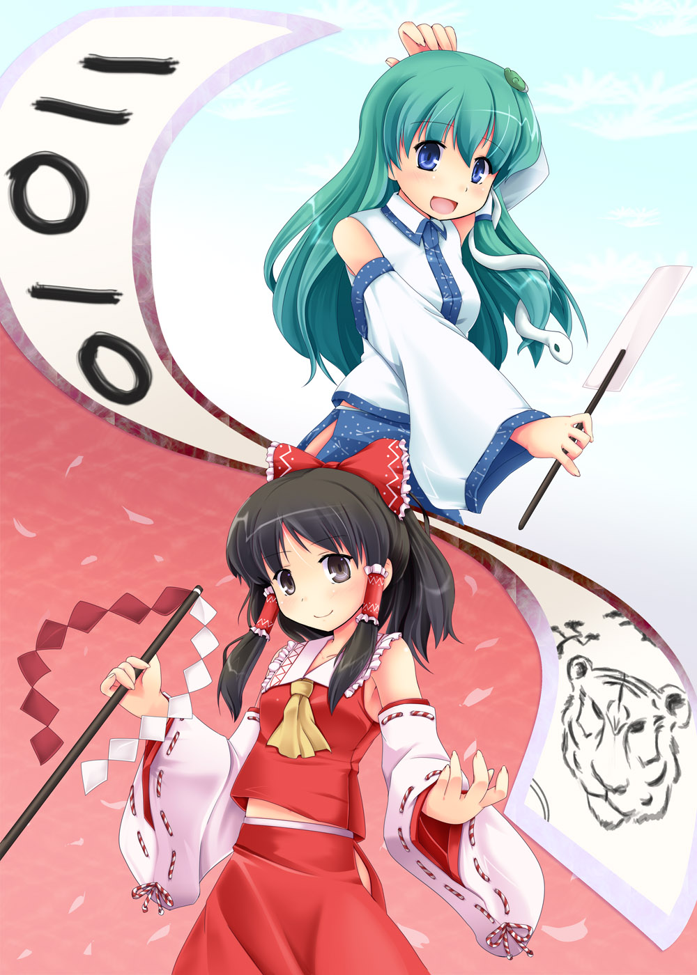niiya, hakurei reimu, kochiya sanae, tiger (chinese zodiac), touhou, highres, 10s, 2010, 2girls, black hair, blue eyes, bow, chinese zodiac, detached sleeves, female focus, gohei, green hair, grey eyes, hair bow, hair ornament, hakama, hakama skirt, japanese clothes, long hair, midriff, miko, multiple girls, new year, red hakama, skirt, snake, tiger