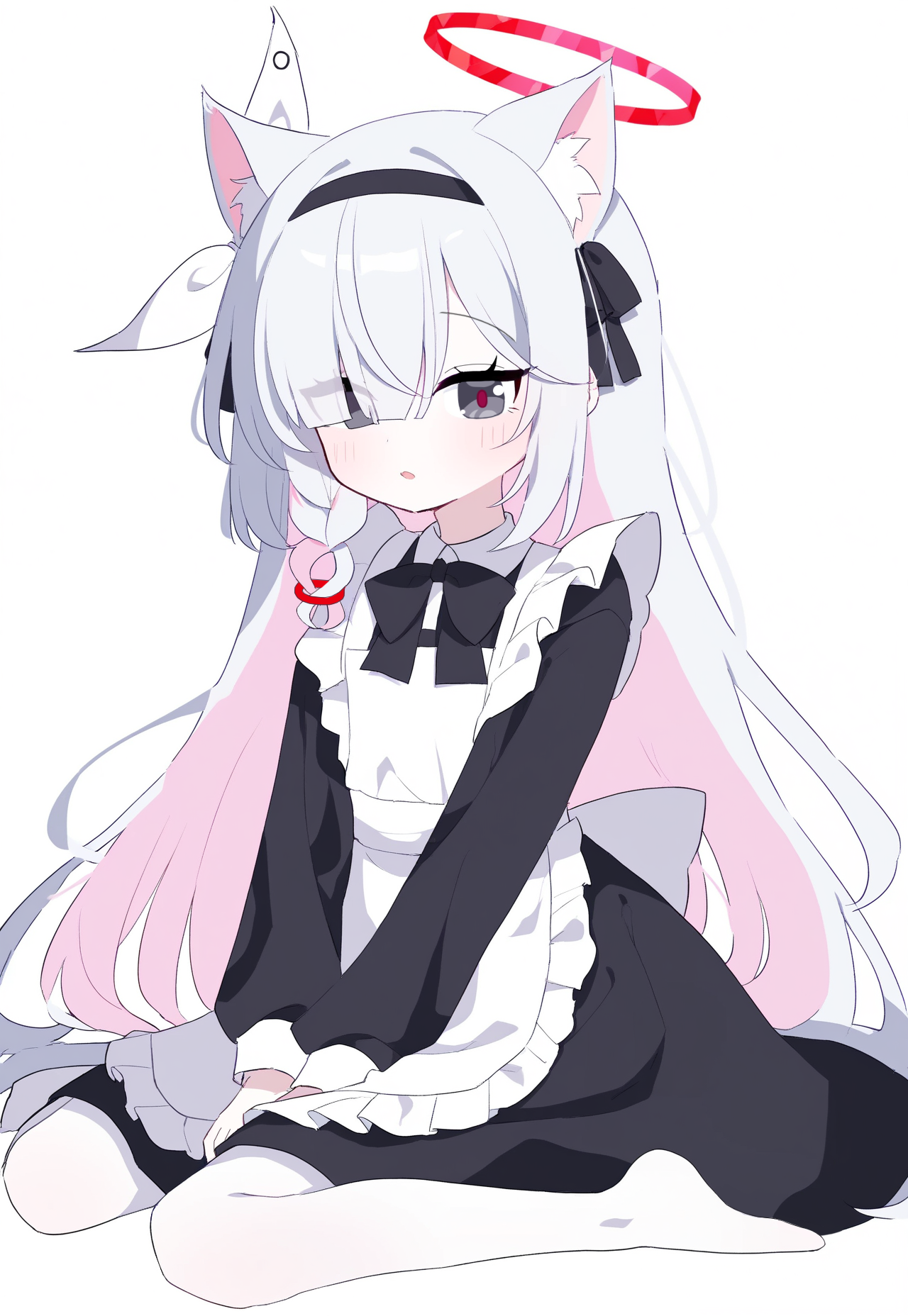 auto ins, plana (blue archive), blue archive, commentary request, highres, 1girl, alternate costume, animal ear fluff, animal ears, apron, black dress, black eyes, black hairband, braid, cat ears, dress, enmaided, frilled apron, frills, hair over one eye, hairband, halo, kemonomimi mode, long hair, long sleeves, maid, maid apron, pantyhose, red halo, red pupils, simple background, single braid, sitting, solo, wariza, white apron, white background, white pantyhose