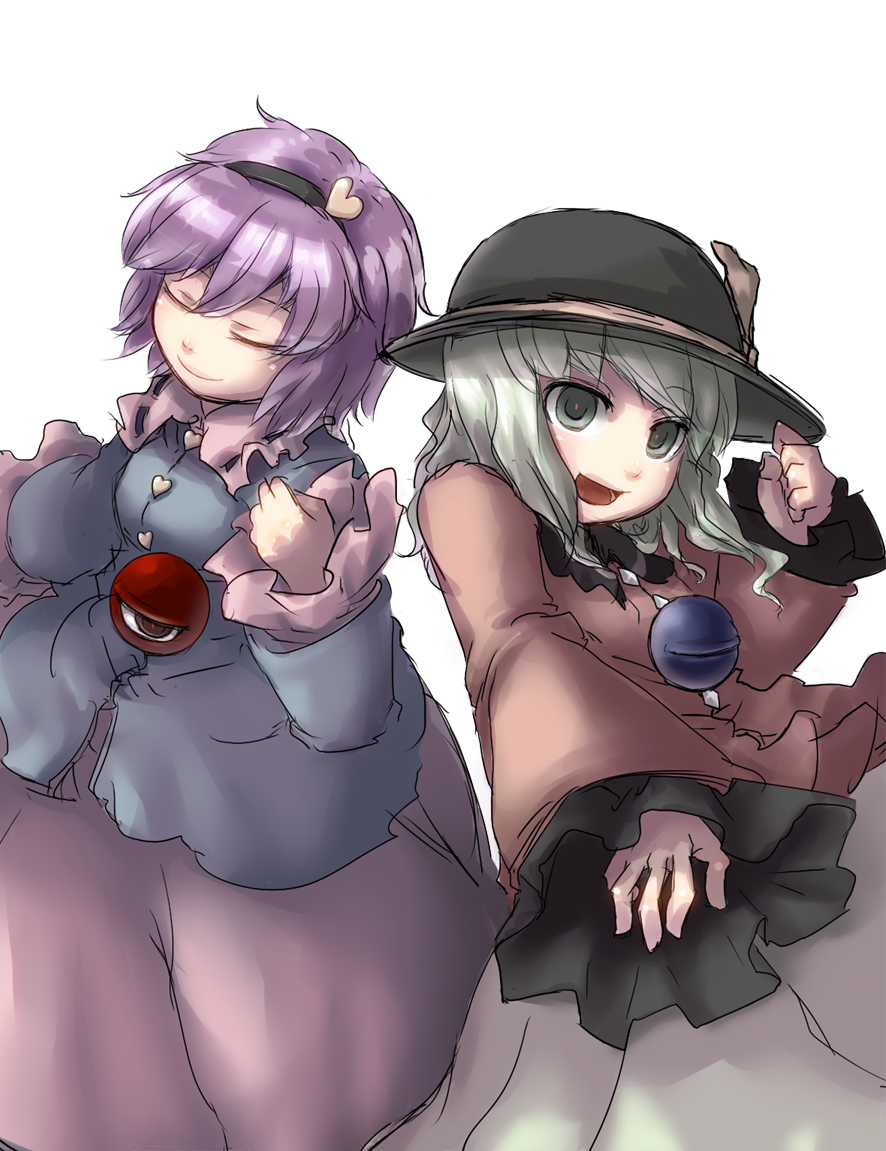 ishikoro, komeiji koishi, komeiji satori, touhou, bad id, bad pixiv id, 2girls, female focus, green eyes, green hair, hairband, hat, heart, multiple girls, purple hair, short hair, siblings, simple background, sisters, skirt, white background