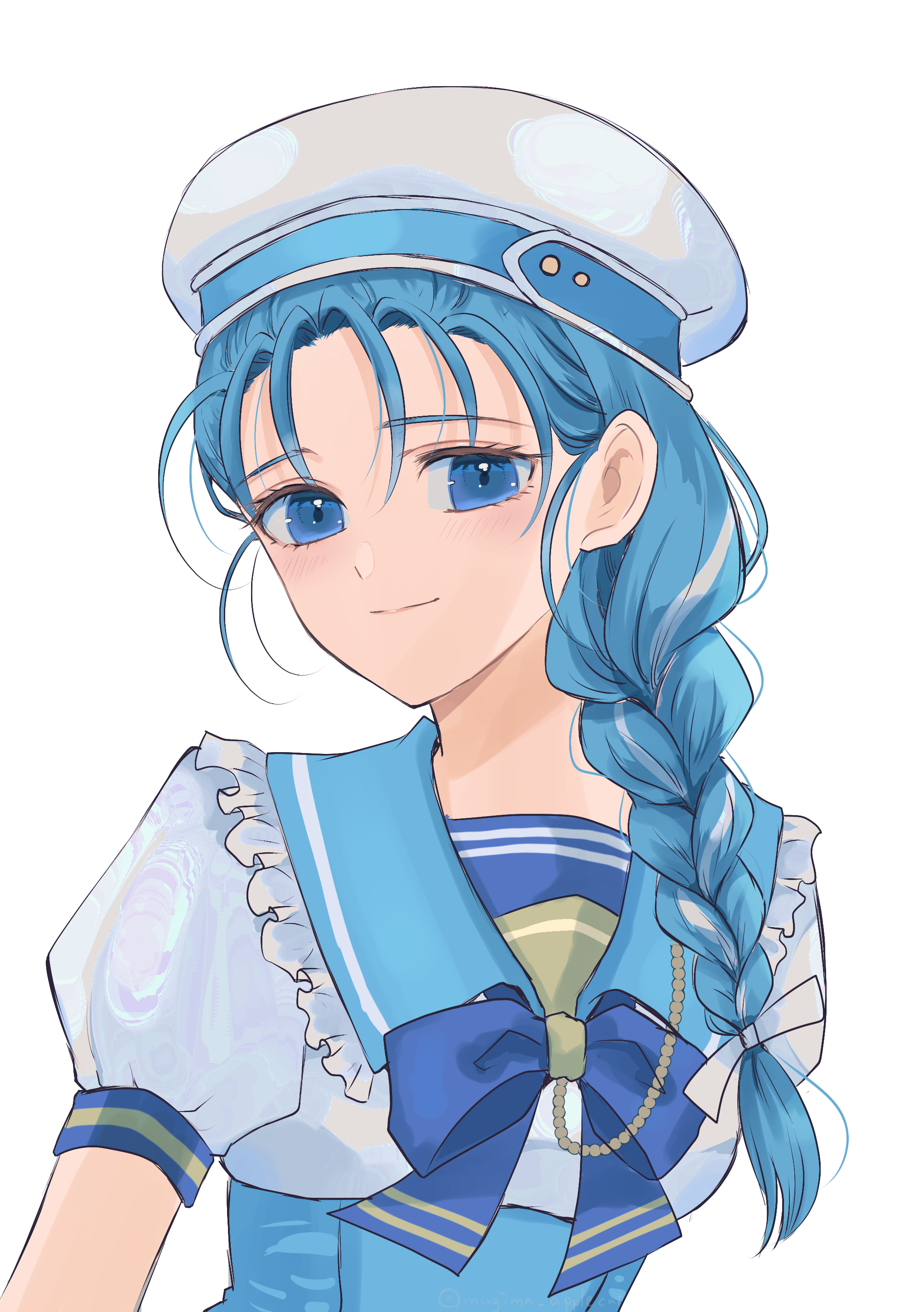 c-diamond, flora (dq5), dragon quest, dragon quest v, absurdres, commentary request, highres, 1girl, blue bow, blue bowtie, blue eyes, blue hair, blue sailor collar, bow, bowtie, braid, closed mouth, hair behind ear, hair over shoulder, hair ribbon, hat, light blush, long hair, looking at viewer, low-tied long hair, puffy short sleeves, puffy sleeves, ribbon, sailor collar, shirt, short sleeves, single braid, smile, solo, upper body, white background, white hat, white ribbon, white shirt