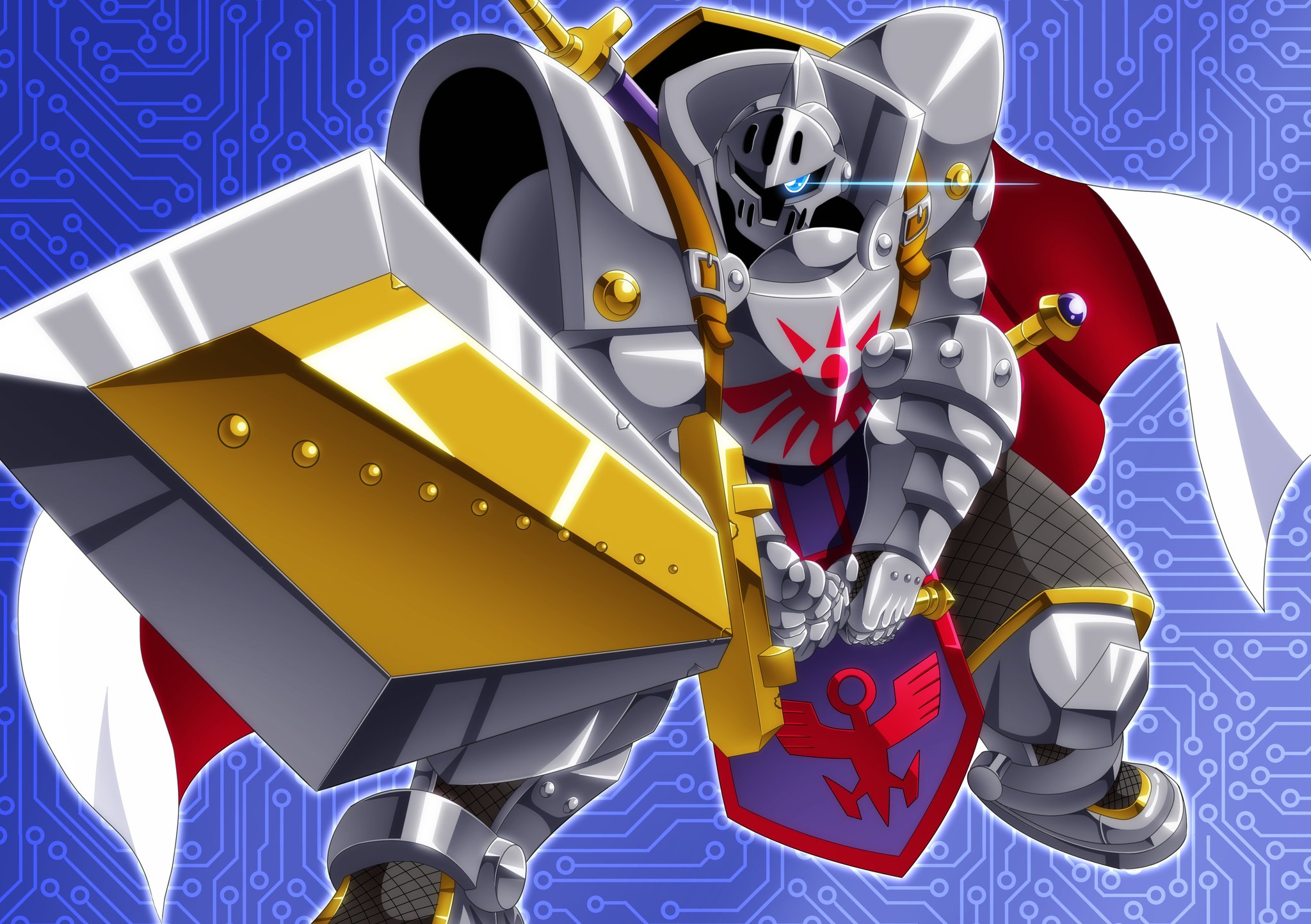 musya, knightmon, digimon, digimon xros wars, armor, belt, blue eyes, cape, digimon (creature), knightmon wise sword mode, looking at viewer, sword, weapon