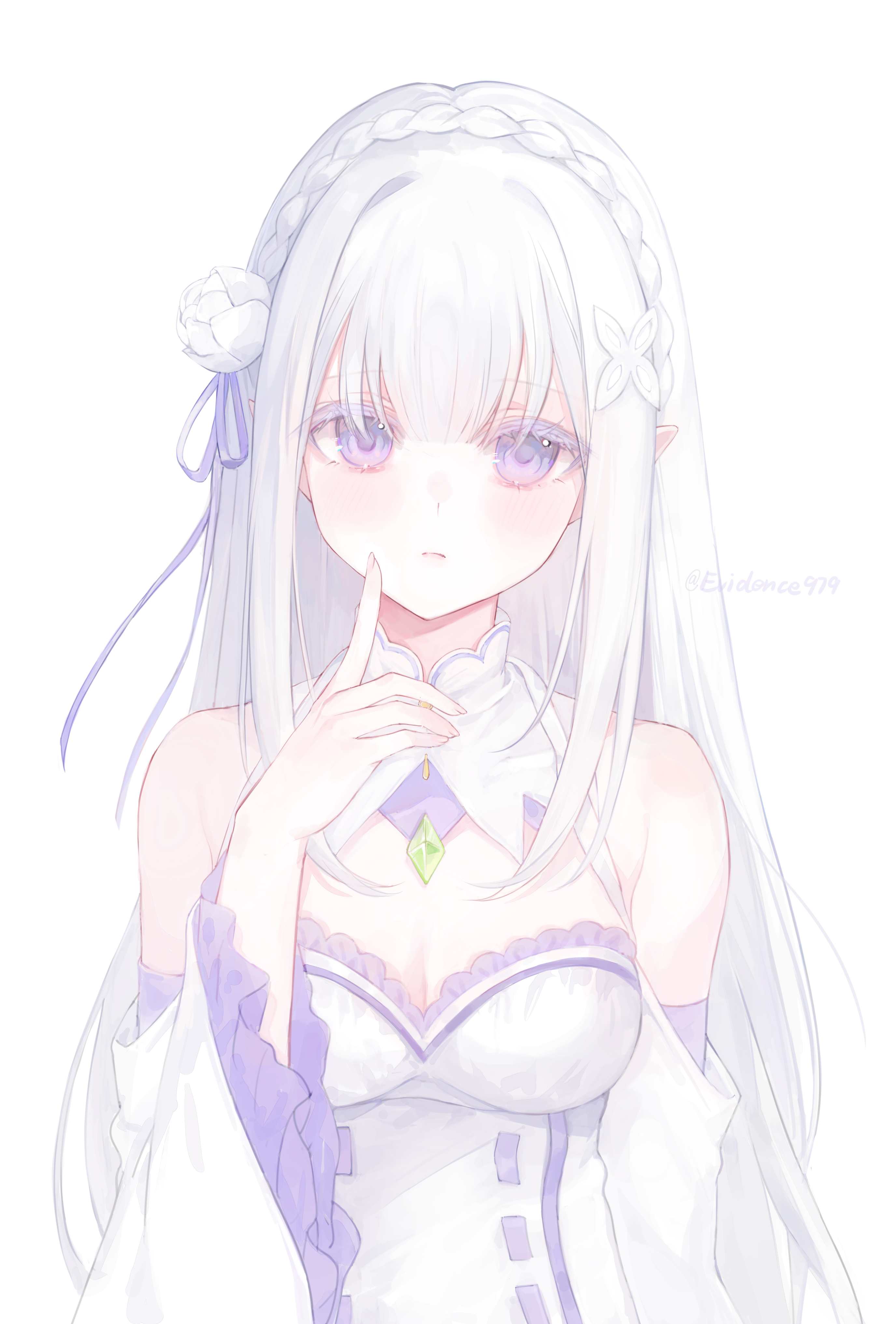 hum (ten ten), emilia (re:zero), re:zero kara hajimeru isekai seikatsu, absurdres, commentary, english commentary, highres, 1girl, artist name, bare shoulders, blunt bangs, blush, braid, breasts, cleavage, closed mouth, colored eyelashes, crown braid, detached sleeves, dress, finger to cheek, flower, frilled sleeves, frills, gem, green gem, hair flower, hair ornament, hair ribbon, long hair, long sleeves, looking at viewer, medium breasts, pointy ears, purple eyes, purple ribbon, ribbon, rose, simple background, smile, solo, upper body, white background, white dress, white flower, white hair, white rose, white sleeves, wide sleeves, x hair ornament
