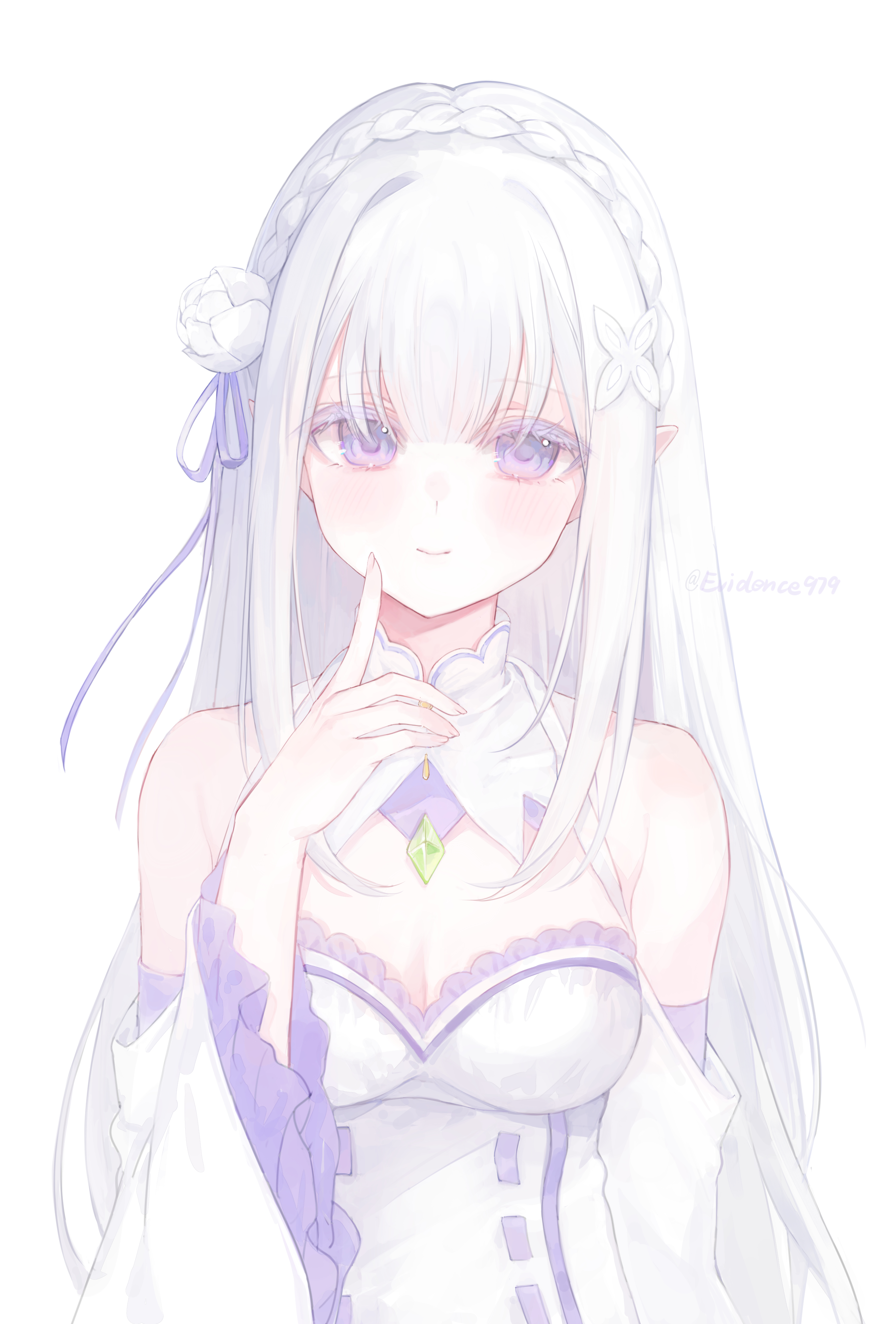 hum (ten ten), emilia (re:zero), re:zero kara hajimeru isekai seikatsu, absurdres, commentary, english commentary, highres, 1girl, artist name, bare shoulders, blunt bangs, blush, braid, breasts, cleavage, closed mouth, colored eyelashes, crown braid, detached sleeves, dress, finger to cheek, flower, frilled sleeves, frills, gem, green gem, hair flower, hair ornament, hair ribbon, long hair, long sleeves, looking at viewer, medium breasts, pointy ears, purple eyes, purple ribbon, ribbon, rose, simple background, smile, solo, upper body, white background, white dress, white flower, white hair, white rose, white sleeves, wide sleeves, x hair ornament