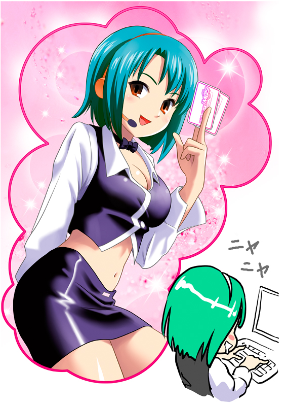 ponnetsu, otonashi kotori, rio rollins, idolmaster, idolmaster (classic), super blackjack, 1girl, card, computer, computer keyboard, cosplay, croupier, dealer, female pervert, green hair, headset, holding, holding card, imagining, microphone, midriff, miniskirt, pencil skirt, pervert, red eyes, rio rollins (cosplay), short hair, skirt