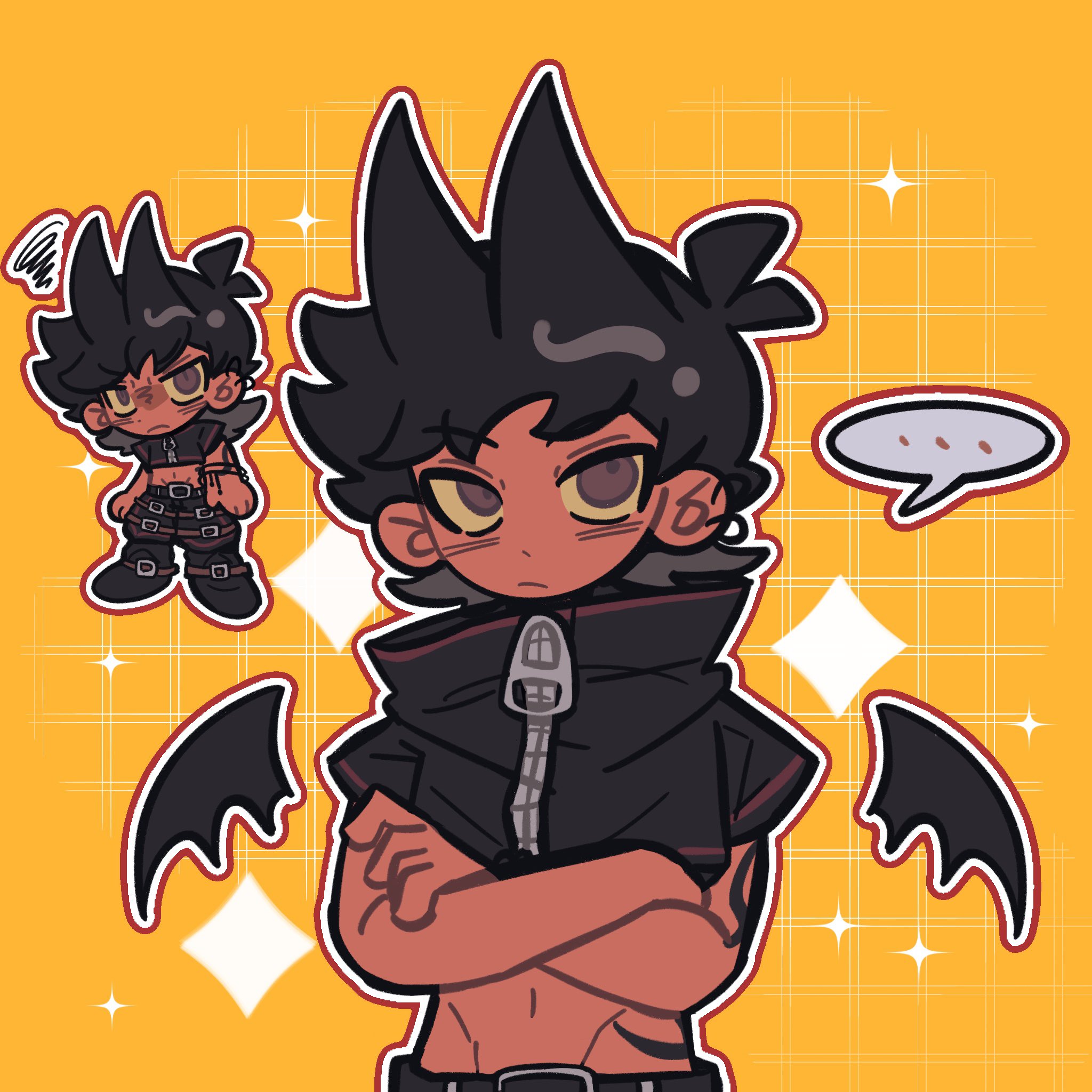 eddsworld, commentary request, highres, …, 1boy, alternate costume, alternate form, alternate hair color, alternate skin color, animification, antenna hair, belt, black belt, black hair, black jacket, borrowed design, chibi, colored sclera, colored skin, cropped jacket, crossed arms, demon boy, demon wings, detached wings, earrings, flipped hair, grid background, hair ears, immuir, jacket, jewelry, looking at viewer, male focus, midriff, multiple views, navel, orange background, red eyes, red skin, short hair, solo focus, sparkle, spoken ellipsis, thick lineart, tord (eddsworld), wings, yellow sclera, zipper pull tab