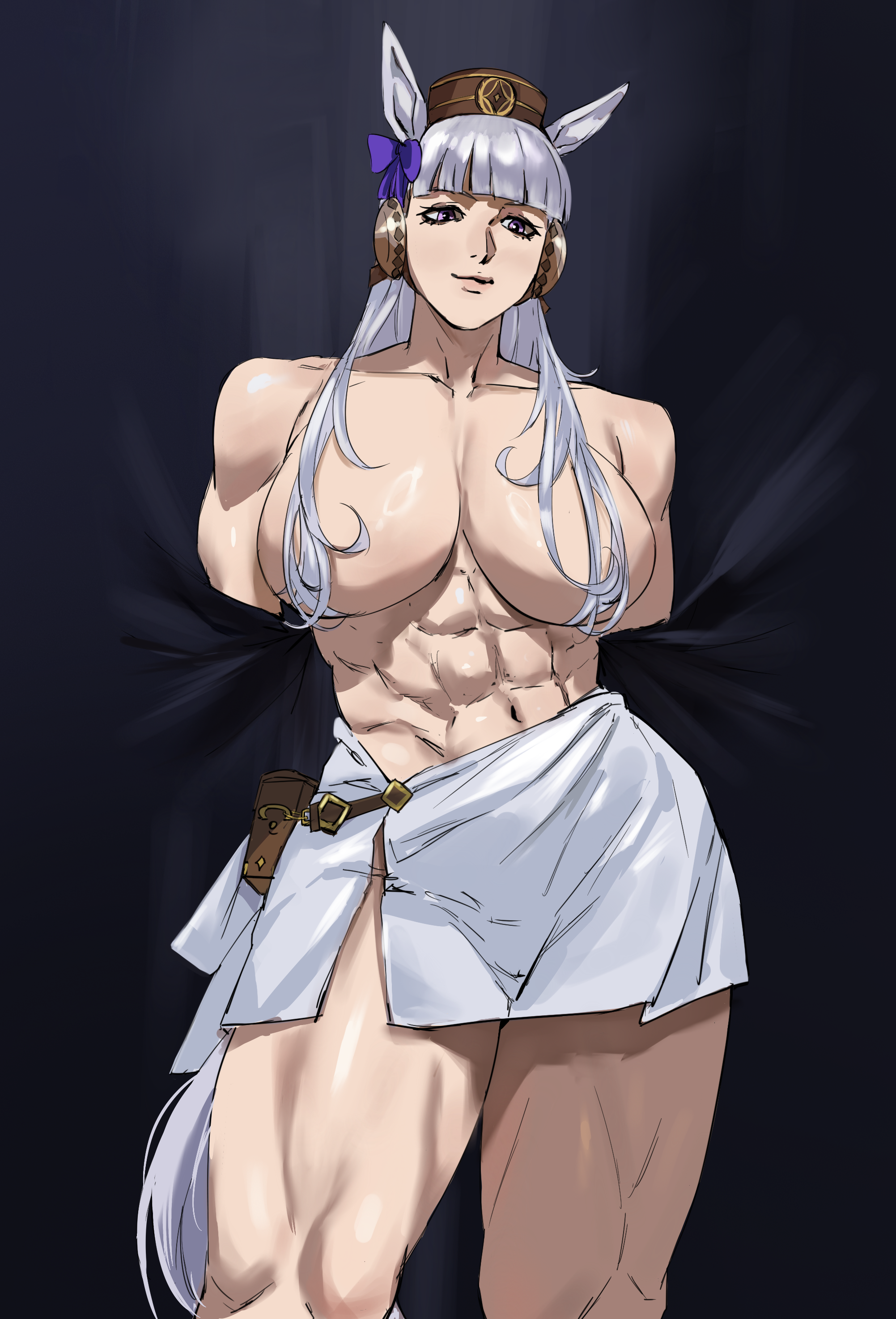 taiyang yu, gold ship (umamusume), umamusume, absurdres, commentary, highres, 1girl, abs, animal ears, belt, black background, blunt bangs, bow, breasts, brown belt, brown hat, closed mouth, collarbone, cowboy shot, ear bow, grey hair, hair over breasts, hat, head tilt, horse ears, horse girl, large breasts, long hair, muscular, muscular female, navel, pillbox hat, purple bow, purple eyes, solo, topless female, towel, towel around waist