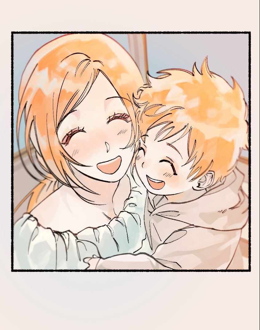 nul, inoue orihime, kurosaki kazui, bleach, commentary request, 1boy, 1girl, blush, closed eyes, dress, grey hoodie, happy, heads together, hood, hood down, hoodie, long hair, low ponytail, mother and son, open mouth, orange hair, ponytail, short hair, smile, swept bangs, upper body, white dress