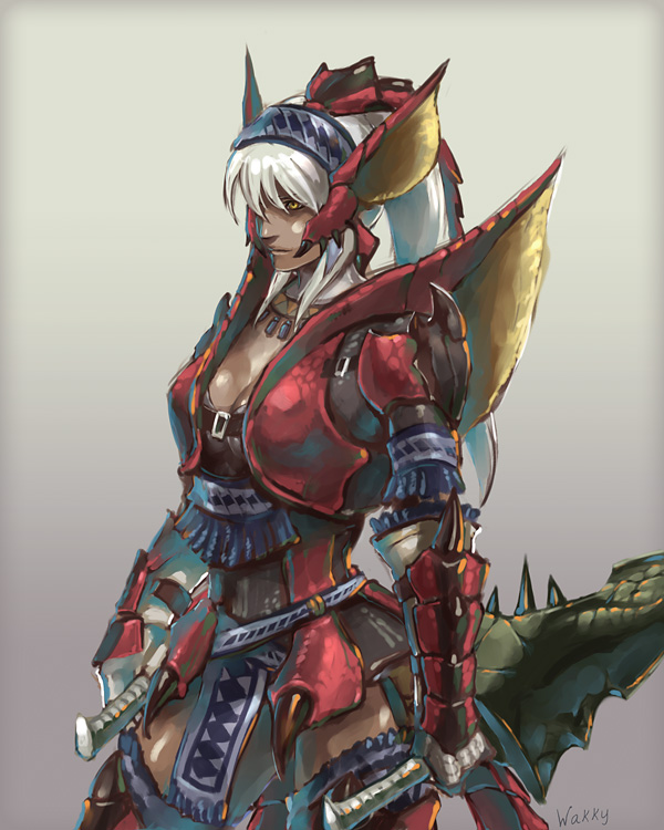 wakky, capcom, monster hunter (series), 1girl, armor, dark-skinned female, dark skin, female focus, long hair, ponytail, rathalos (armor), solo, sword, weapon, white hair, yellow eyes