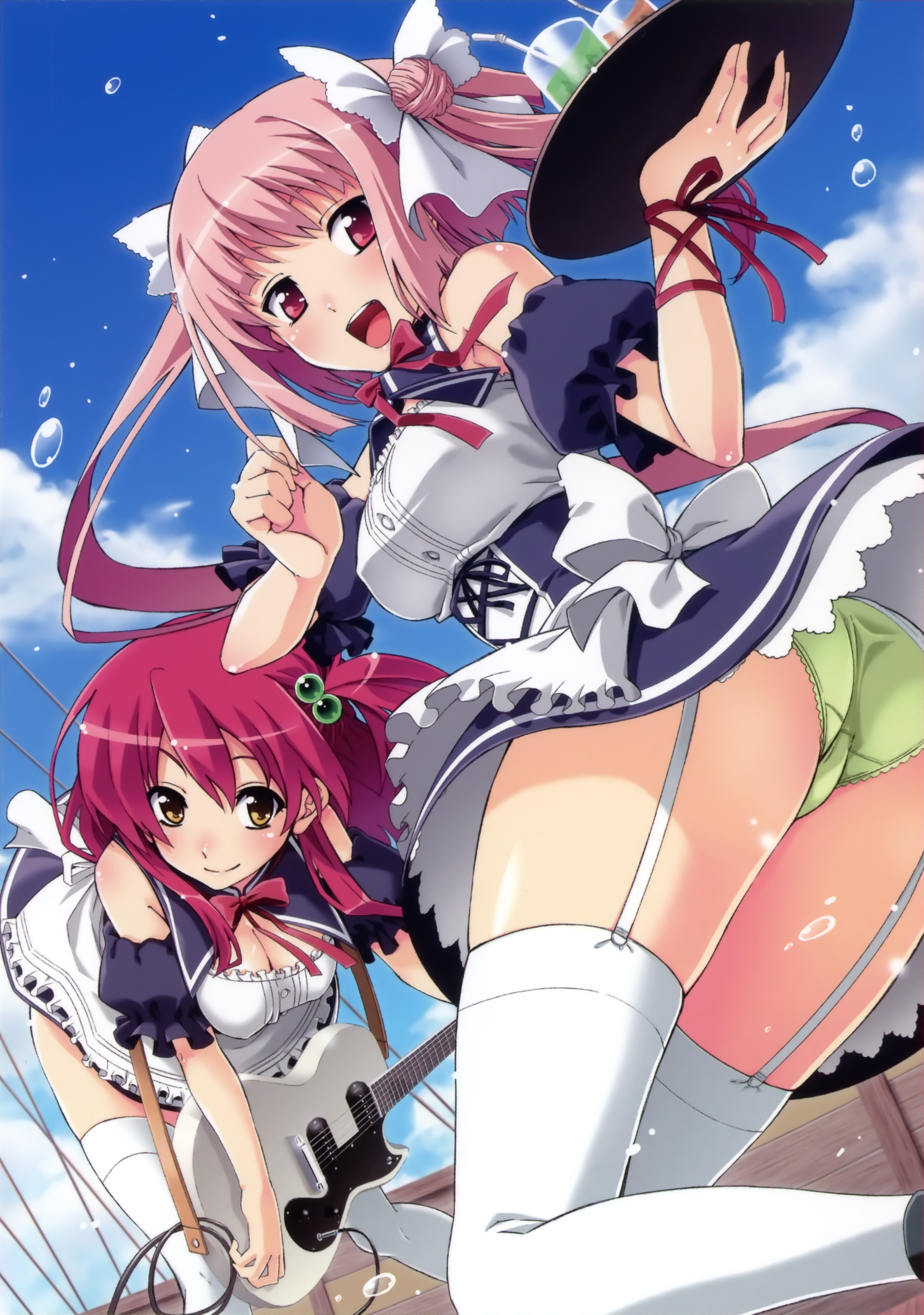 fujimaru (bluebrand), asamiya kana, yoshimoto yui, kira kira, princess party, absurdres, highres, 2girls, ass, bent over, blush, bow, breasts, cleavage, cloud, crossover, day, double bun, drink, frills, garter straps, green panties, guitar, hair bobbles, hair bun, hair ornament, instrument, large breasts, long hair, multiple girls, outdoors, panties, pantyshot, pink eyes, pink hair, red hair, side ponytail, sky, smile, thighhighs, tray, twintails, underwear, upskirt, waitress, white thighhighs, yellow eyes