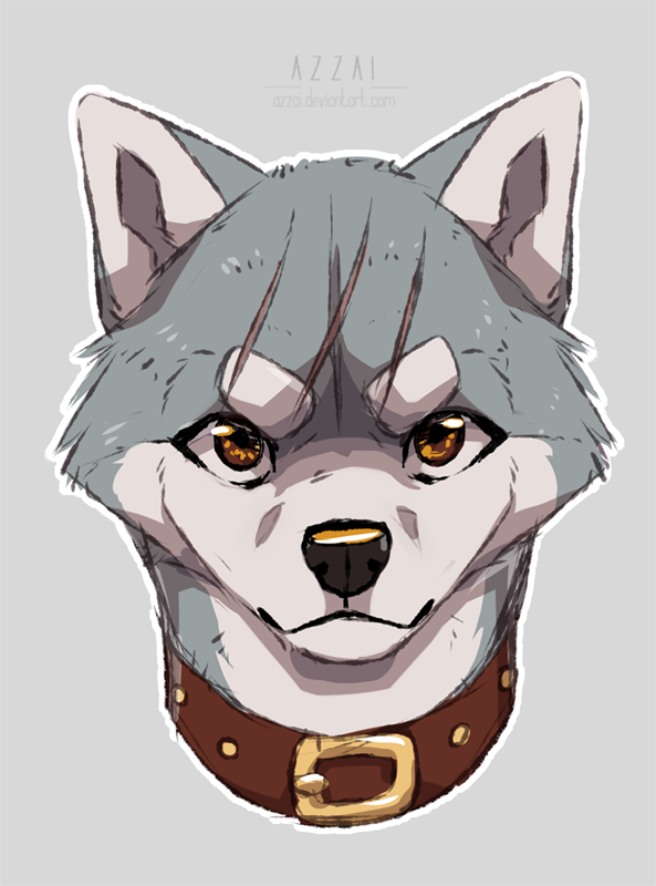 azzai, gin (ginga nagareboshi gin), ginga (franchise), ginga nagareboshi gin, :3, akita inu, animal, animal focus, artist name, brown collar, brown eyes, collar, cropped head, dog, grey background, looking at viewer, no humans, outline, scar, scar on face, simple background, solo, white outline