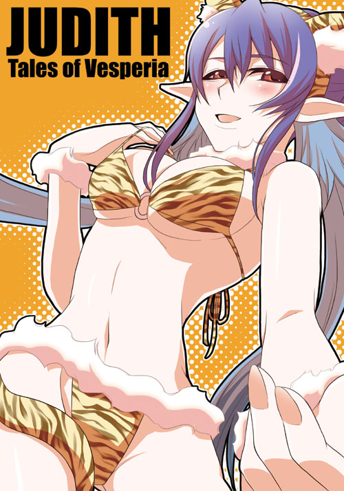 nina (pastime), judith (tales), tales of (series), tales of vesperia, bad id, bad pixiv id, 00s, 10s, 1girl, 2010, animal ears, animal print, bikini, blue hair, blush, breasts, brown eyes, character name, choker, copyright name, fake animal ears, female focus, from below, fur trim, gloves, halftone, long hair, looking at viewer, nail polish, navel, new year, o-ring, o-ring bikini, outline, outstretched arm, pointy ears, purple hair, red eyes, solo, swimsuit, tail, tiger ears, tiger print, tiger tail, underboob, very long hair, yellow background