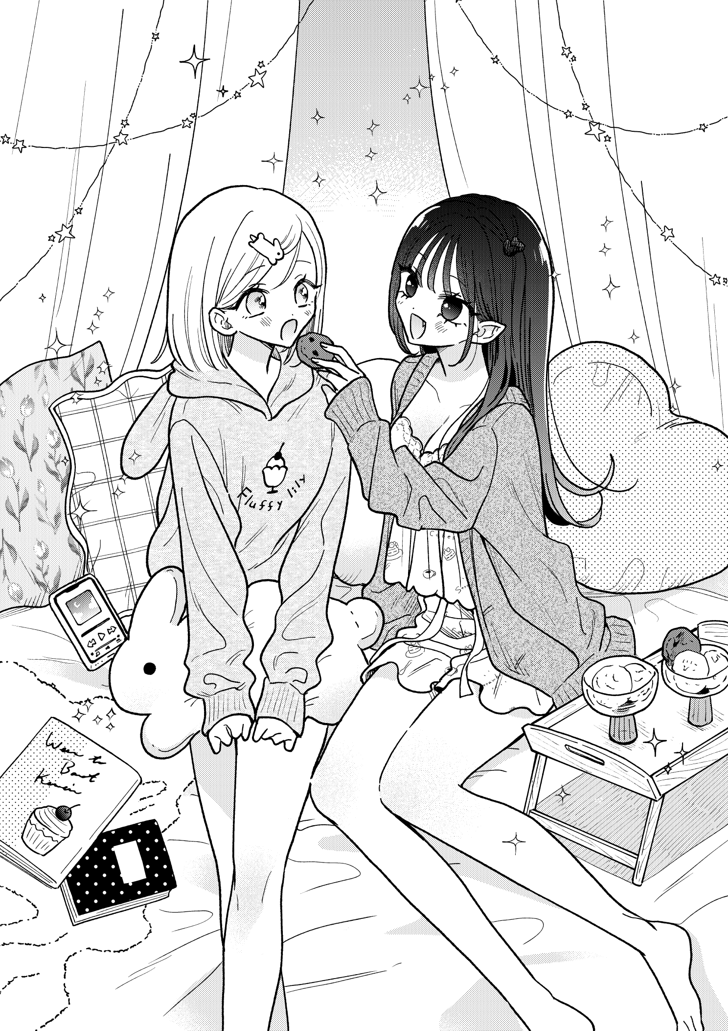 yatosaki haru, hashtag-only commentary, highres, 2girls, :d, akumade amai watashi no kanojo, amai mai, animal-shaped pillow, barefoot, book, bowl, breasts, cardigan, cellphone, choppy bangs, cleavage, cookie, feeding, food, greyscale, hair ornament, heart, heart-shaped pillow, holding, holding food, hood, hood down, hoodie, ice cream, kurosaki lily, long hair, long sleeves, looking at another, medium hair, monochrome, multiple girls, official artist extra, on bed, open cardigan, open clothes, open mouth, phone, pillow, pointy ears, print hoodie, print shirt, print shorts, rabbit hair ornament, shirt, short shorts, shorts, sitting, smartphone, smile, sparkle, tray
