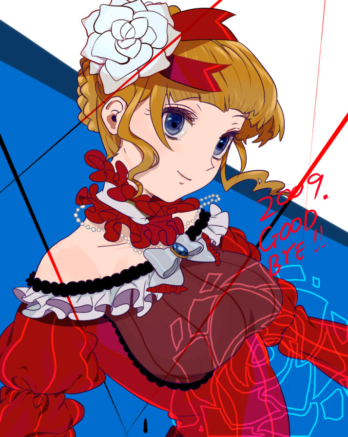 umishima senbon, beatrice (umineko), umineko no naku koro ni, european clothes, bad id, bad pixiv id, 00s, 1girl, blonde hair, blue eyes, choker, dress, female focus, flower, jewelry, necklace, new year, solo