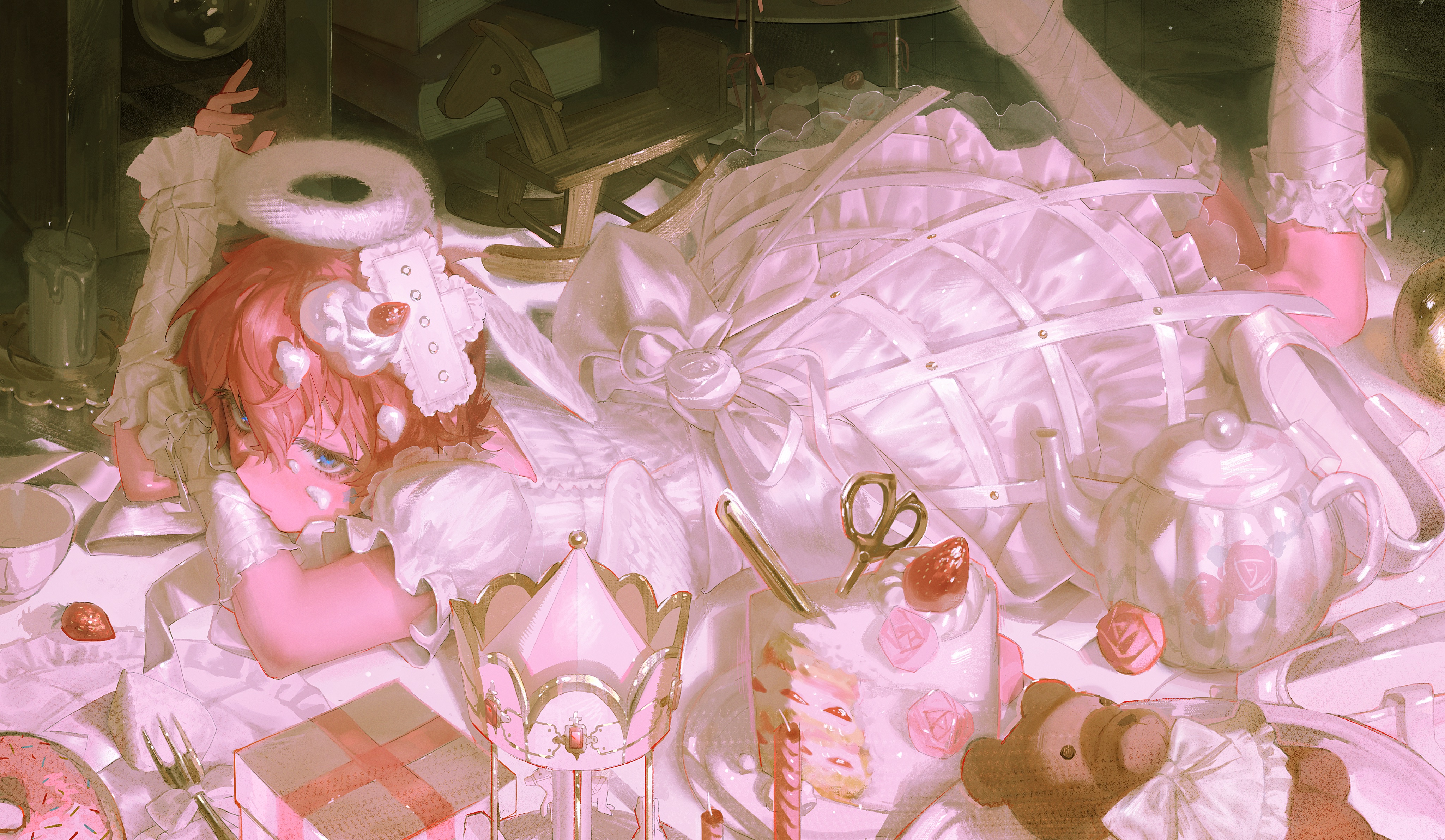 yatatashira, julia (idolmaster), idolmaster, idolmaster million live!, absurdres, highres, 1girl, angel, angel wings, blue eyes, bow, cake, candle, closed mouth, donut, dress, dress bow, dress flower, expressionless, facial mark, flower, food, food on head, hair between eyes, halo, looking at viewer, lying, object on head, on stomach, puffy short sleeves, puffy sleeves, red hair, rocking horse, scissors, short hair, short sleeves, solo, star (symbol), star facial mark, strawberry cake, stuffed animal, stuffed toy, teapot, teddy bear, thighhighs, white arm warmers, white bow, white dress, white flower, white halo, white thighhighs, white wings, wings