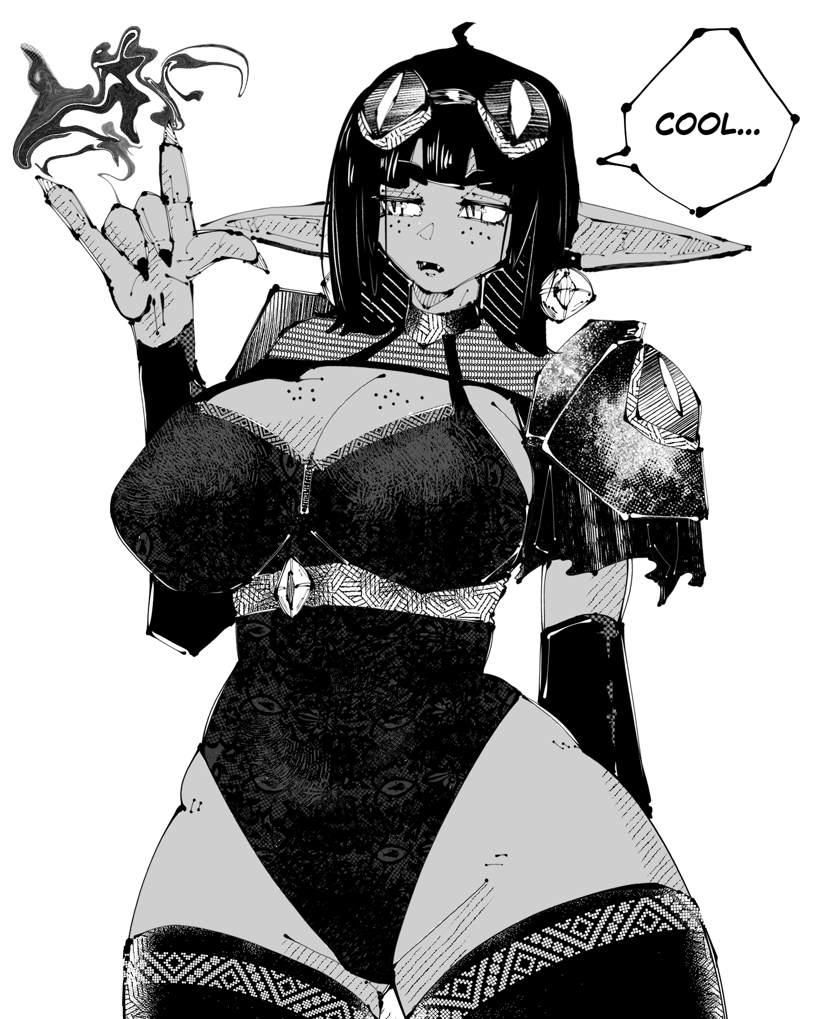 miregeist, original, commentary, english commentary, highres, 1girl, m/, ahoge, armor, breasts, collar, cowboy shot, detached sleeves, double-parted bangs, earrings, english text, facing viewer, female goblin, freckles, goblin, goggles, goggles on head, greyscale, hand up, jewelry, large breasts, leotard, long pointy ears, looking to the side, magic, monochrome, open mouth, pauldrons, pointy ears, short hair, shoulder armor, simple background, solo, speech bubble, talking, thighhighs, white background