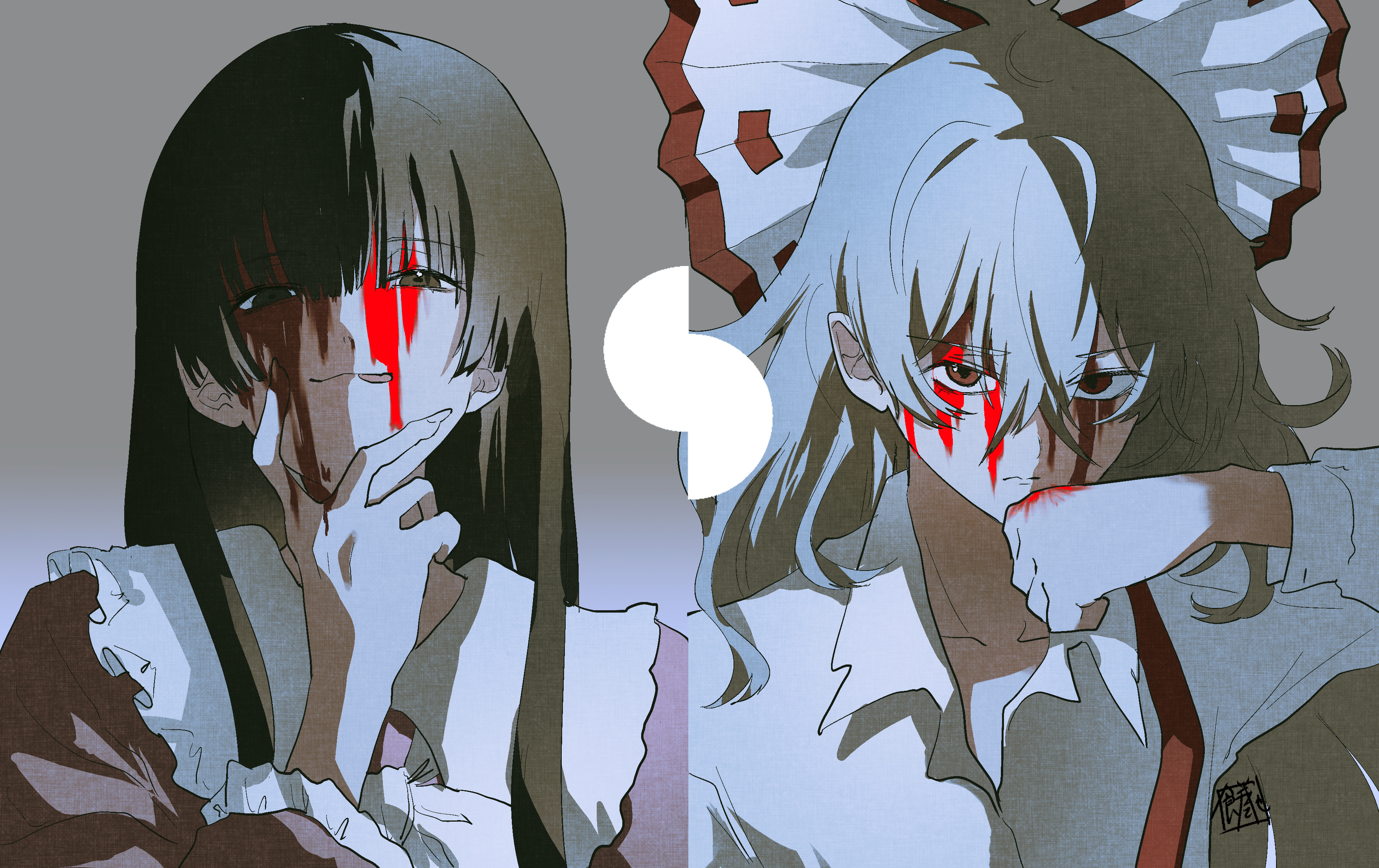 mochitose aguri, fujiwara no mokou, houraisan kaguya, touhou, absurdres, commentary, highres, 2girls, black hair, blood, blood on face, blood on hands, bow, hair bow, hime cut, licking lips, long hair, long sleeves, multiple girls, ofuda, ofuda on clothes, red eyes, shirt, smile, suspenders, tongue, tongue out, white bow, white hair, white shirt