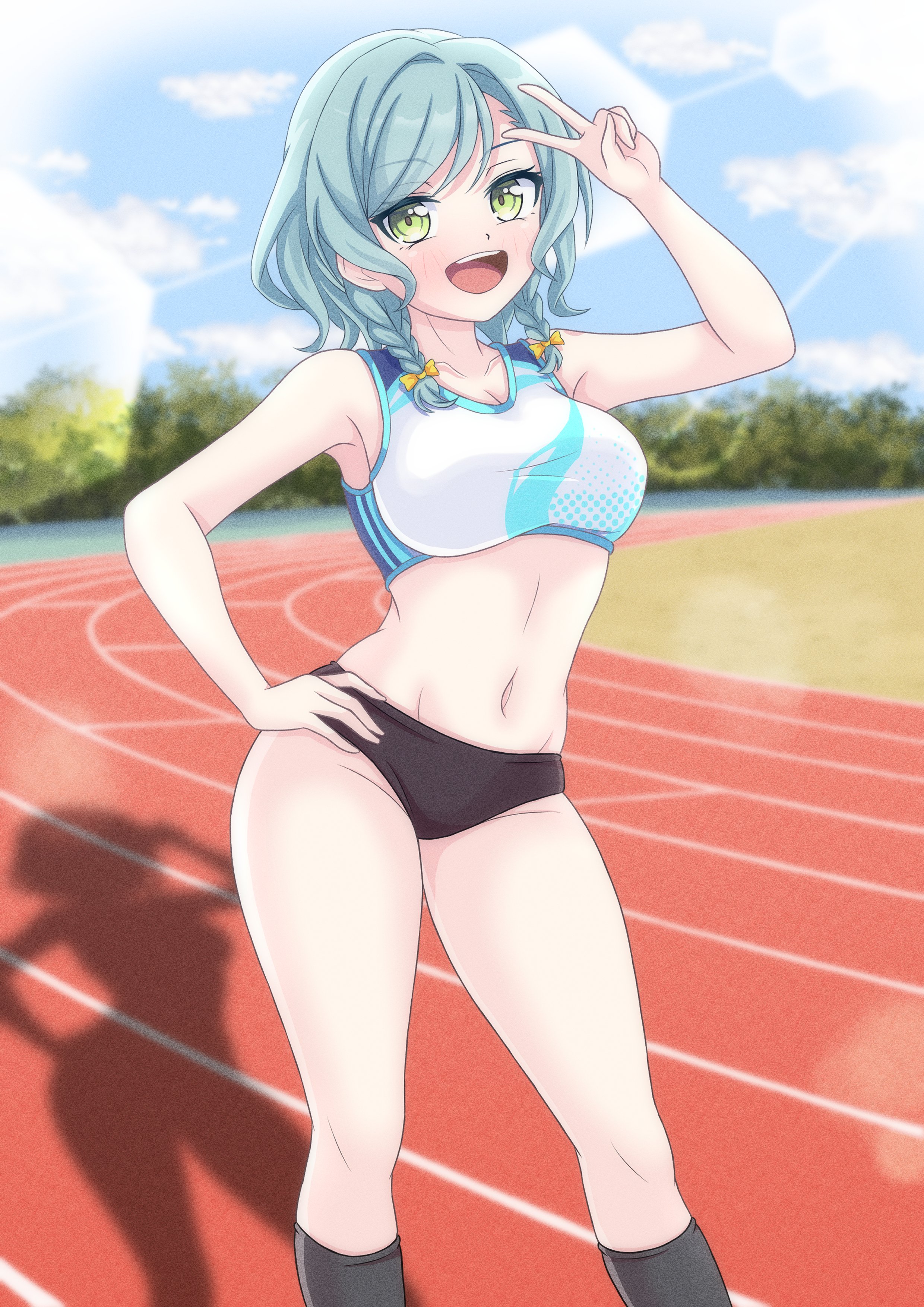 a5hio, hikawa hina, bang dream!, absurdres, commentary request, commission, highres, skeb commission, 1girl, aqua hair, armpits, bare shoulders, black buruma, black socks, blue sky, blue sports bra, braid, breasts, buruma, cloud, feet out of frame, green eyes, hand on own hip, kneehighs, large breasts, looking at viewer, navel, open mouth, running track, shadow, short hair, sky, socks, solo, sports bikini, sports bra, sportswear, teeth, tree, twin braids, upper teeth only, v