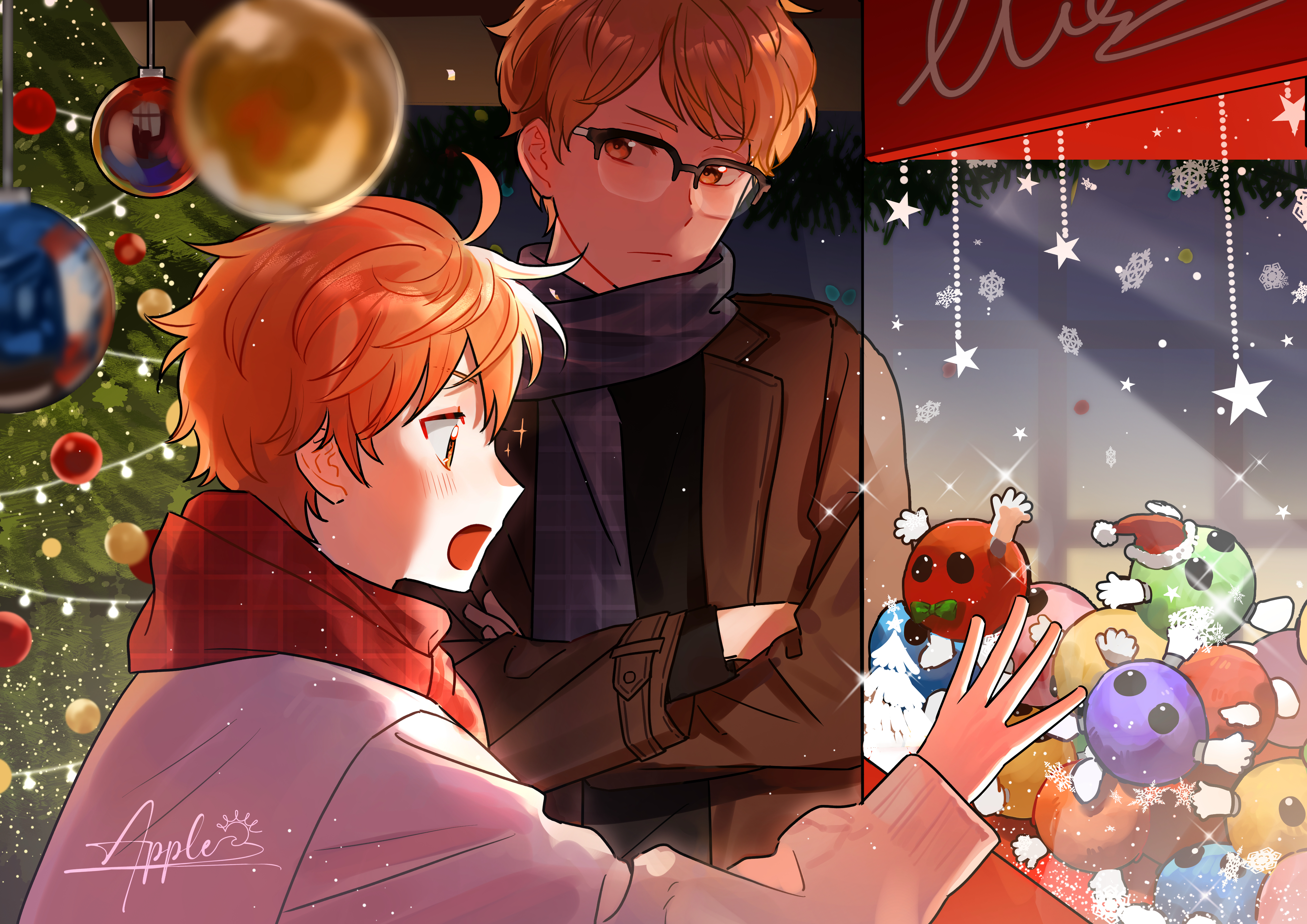 hinata shouyou, tsukishima kei, haikyuu!!, absurdres, commentary request, highres, 2boys, black shirt, blonde hair, blue scarf, brown jacket, christmas ornaments, christmas tree, closed mouth, crossed arms, glasses, hat, height difference, jacket, long sleeves, looking at another, lynn apple, male focus, multiple boys, open mouth, red scarf, santa hat, scarf, shirt, snowflakes, sparkle, white shirt, yaoi