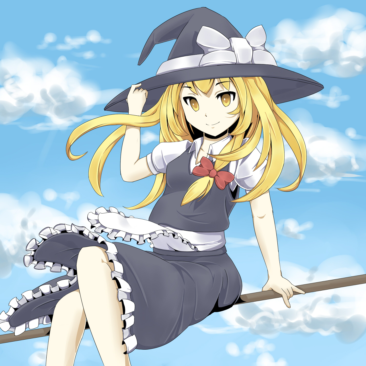 hebitsukai, kirisame marisa, touhou, bad id, bad pixiv id, highres, 1girl, apron, blonde hair, bow, broom, broom riding, cloud, day, dress, female focus, hair bow, hat, hat tip, outdoors, sidesaddle, sitting, sky, smile, solo, witch, witch hat, yellow eyes