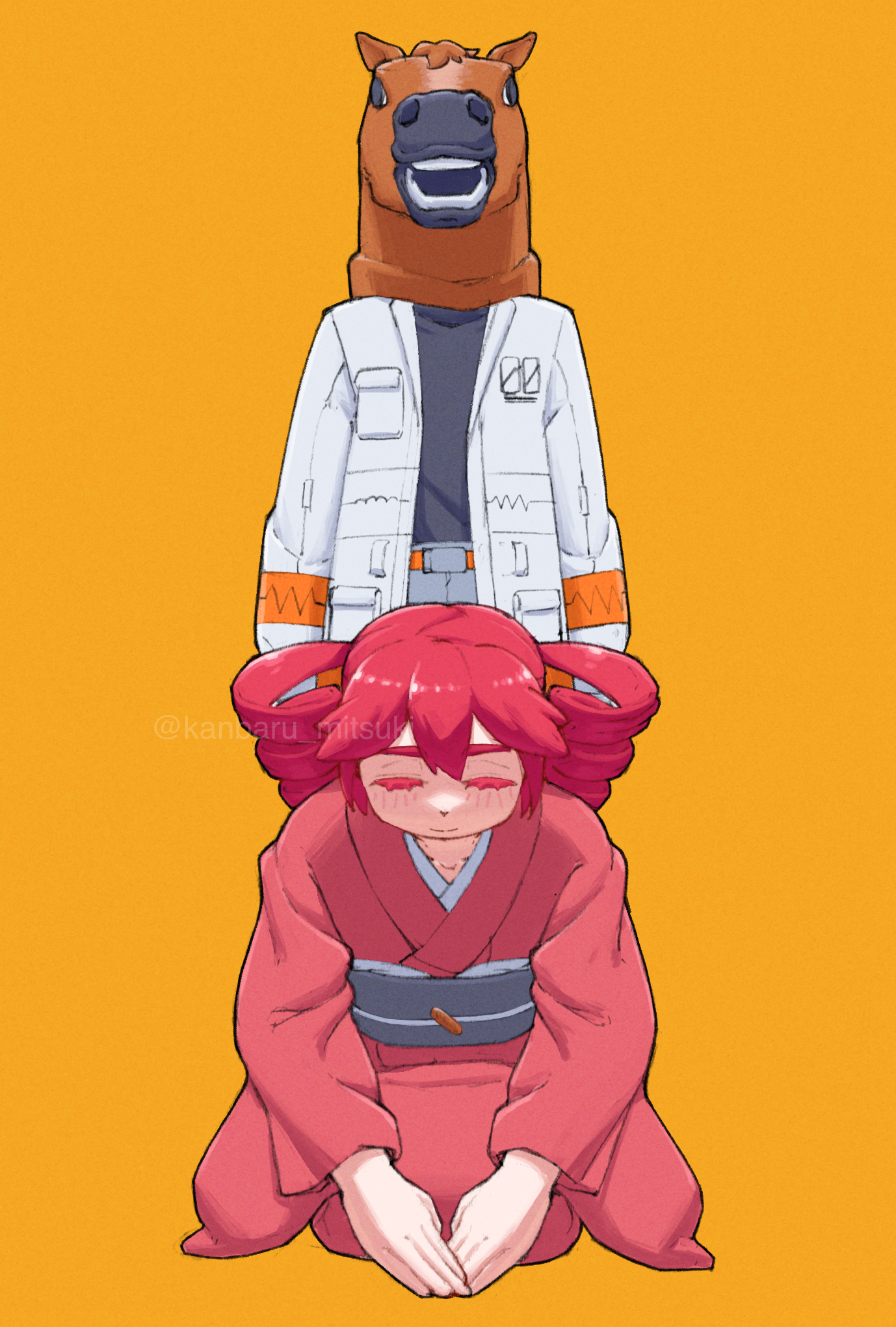 kanbaru mitsuki, adachi rei, kasane teto, a.i. voice, utau, commentary request, highres, 2girls, arms at sides, bowing, closed eyes, drill hair, full body, horse mask, jacket, japanese clothes, kimono, long sleeves, mask, multiple girls, obi, open clothes, open jacket, own hands together, red hair, red kimono, sash, seiza, simple background, sitting, straight-on, twin drills, white jacket