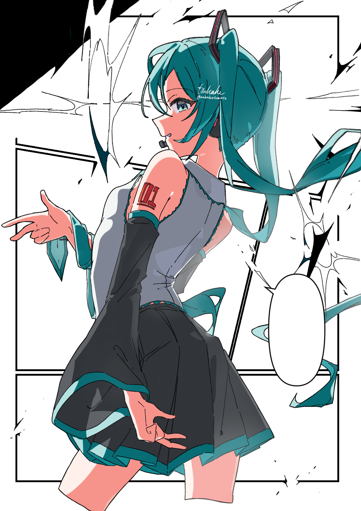 ankaketomato, hatsune miku, vocaloid, commentary request, highres, 1girl, aqua hair, bare shoulders, black skirt, blank speech bubble, cowboy shot, detached sleeves, grey shirt, long hair, long sleeves, miniskirt, pleated skirt, shirt, skirt, sleeveless, sleeveless shirt, solo, speech bubble, twintails
