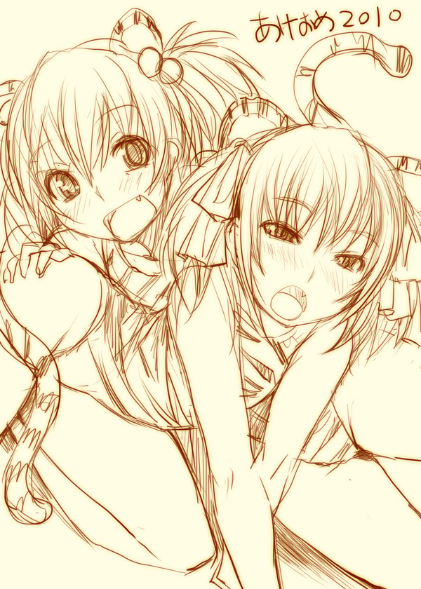 bosshi, moe (character), yu (bosshi), 10s, 2010, 2girls, animal ears, brown theme, hair bobbles, hair ornament, monochrome, multiple girls, new year, sketch, tail, tiger ears, tiger tail, yellow background