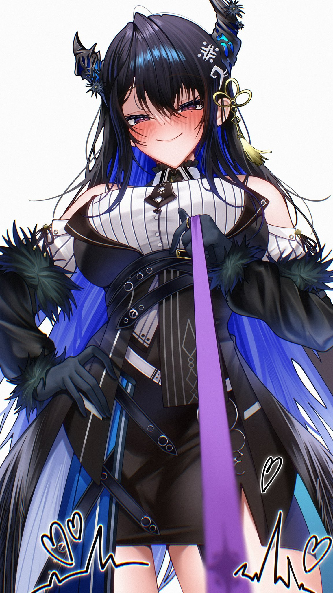 404 (pixiv 94263879), nerissa ravencroft, nerissa ravencroft (1st costume), hololive, hololive english, commentary, highres, symbol-only commentary, 1girl, black gloves, black hair, black necktie, black sleeves, black vest, blue eyes, blush, closed mouth, collared shirt, colored inner hair, demon horns, fur-trimmed sleeves, fur trim, gloves, holding, holding leash, horns, leash, looking at viewer, mole, mole under eye, multicolored hair, necktie, purple eyes, shirt, smile, solo, vest, virtual youtuber, white background, white shirt